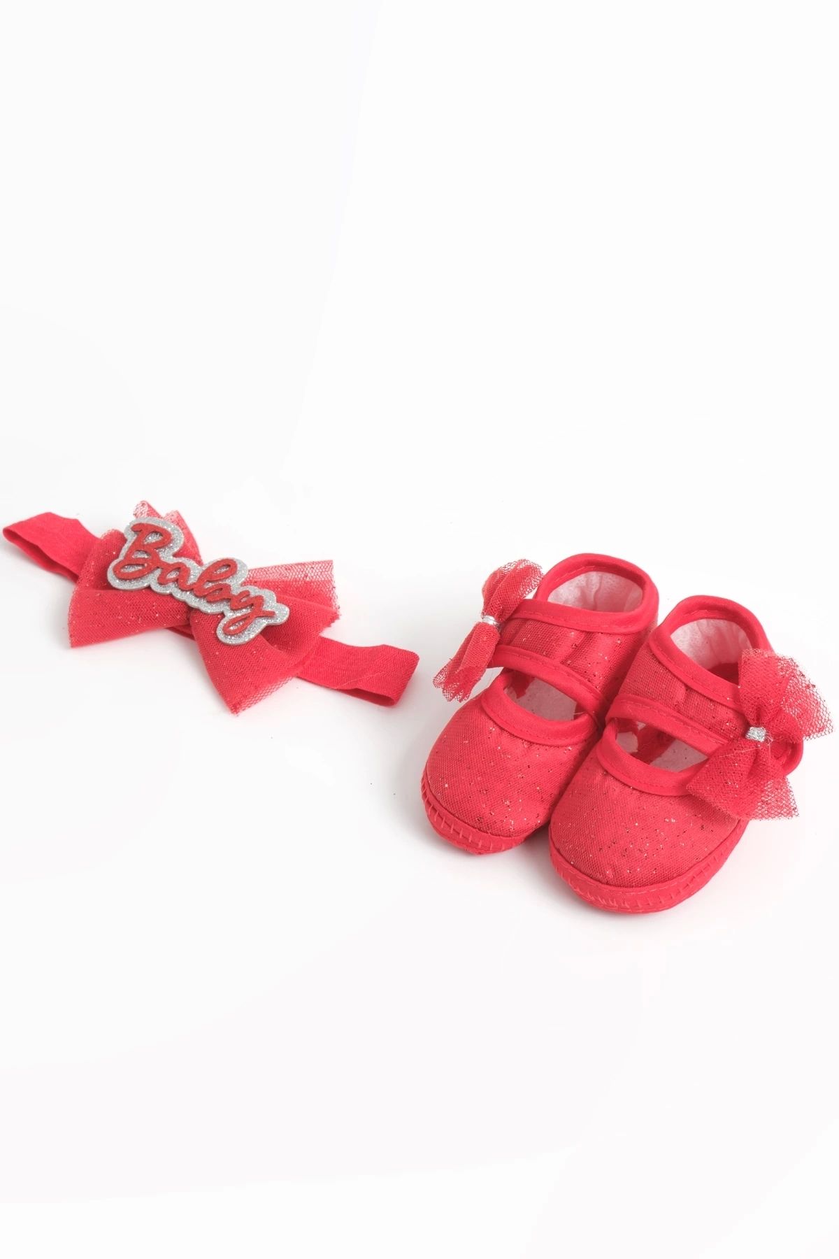 LOGO AKSESUAR-0-3 Months Red Lace Glitter Baby Bandana and Booties Set 4