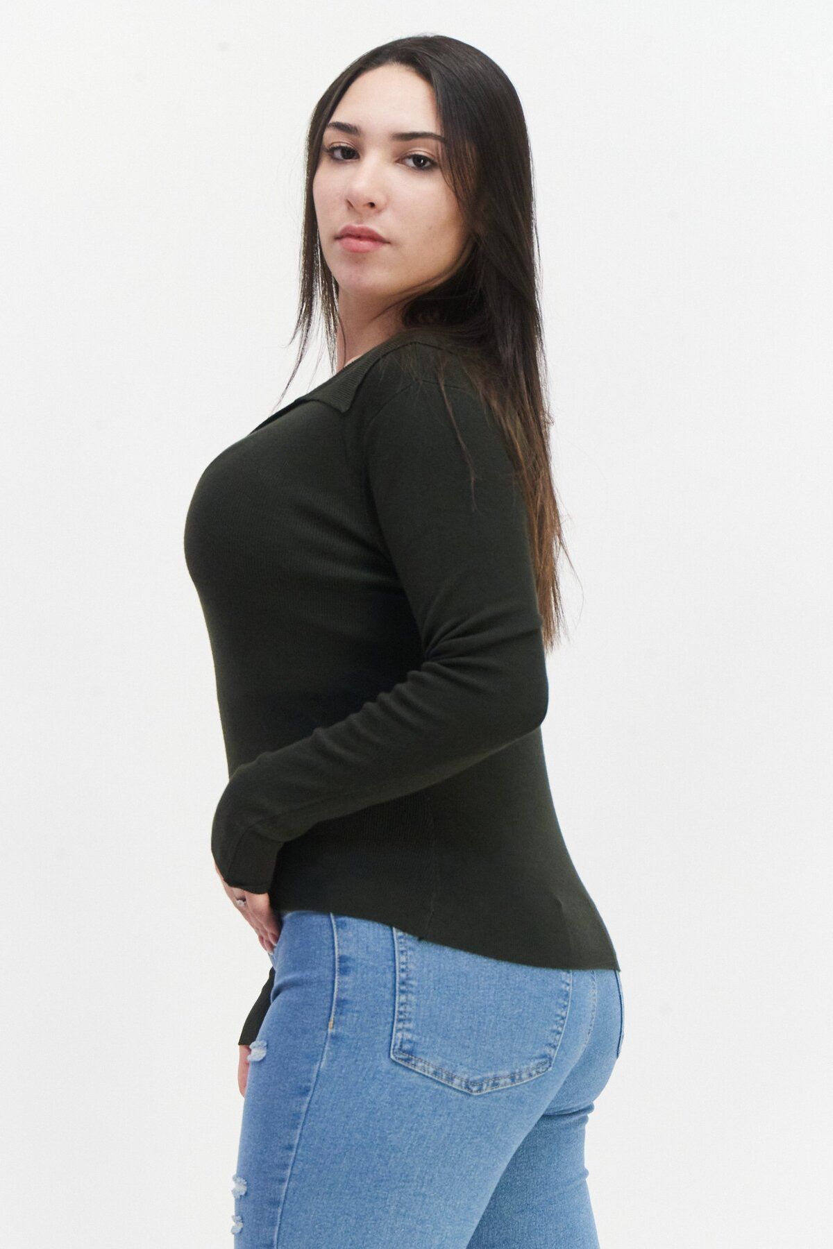 French Connection-Women V-neck Textured Sweater, Olive 4