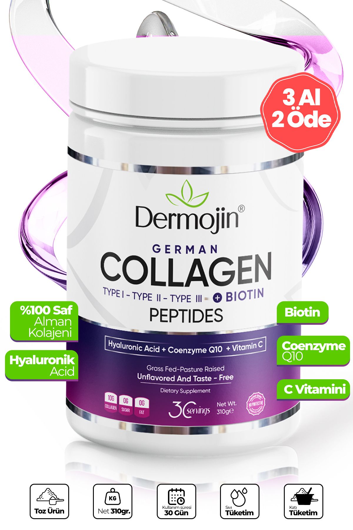 Dermojin %100 Saf Biotin,CQ10,Hyaluronic Acid,C Vitamini Diyet Destekli Toz 30 Günlük Alman Kolajeni