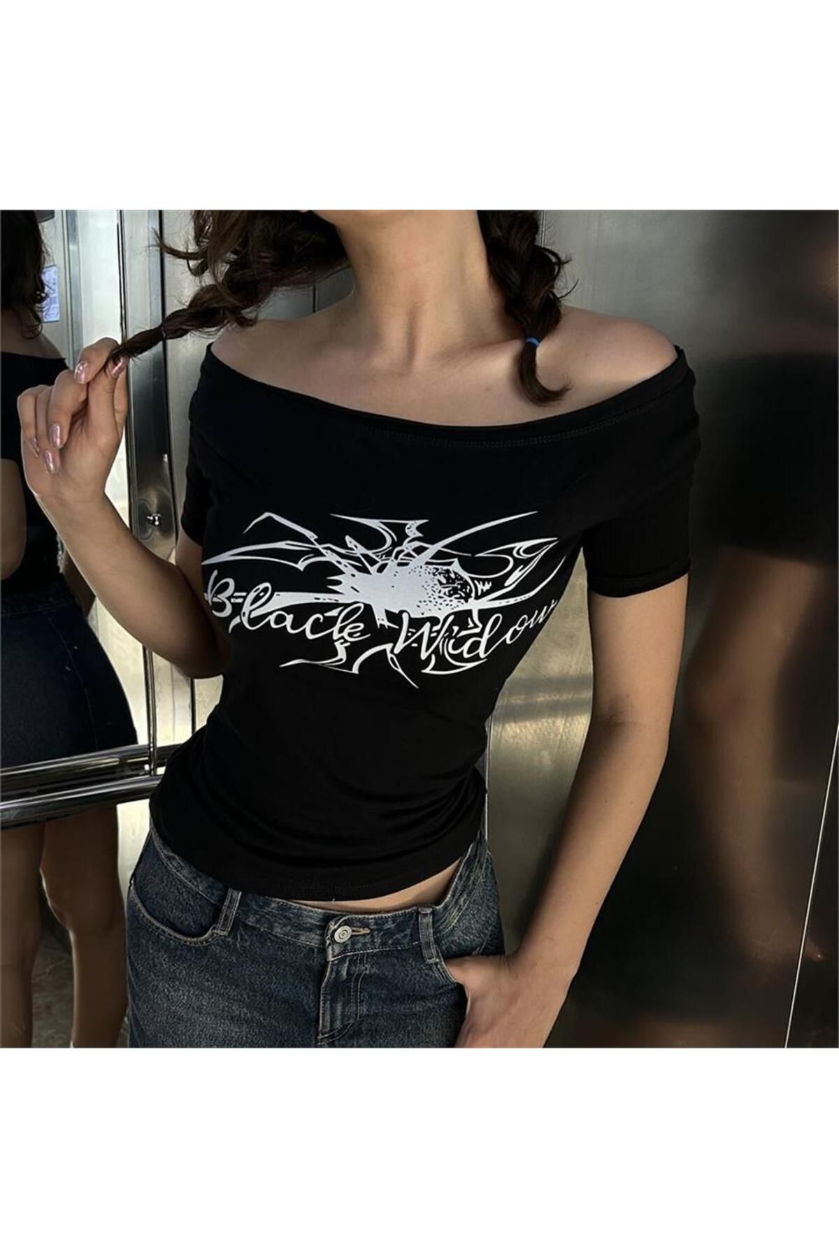 Karakedi Siyah Black Widow Omuzu Açık Spider Kısa Kollu Crop