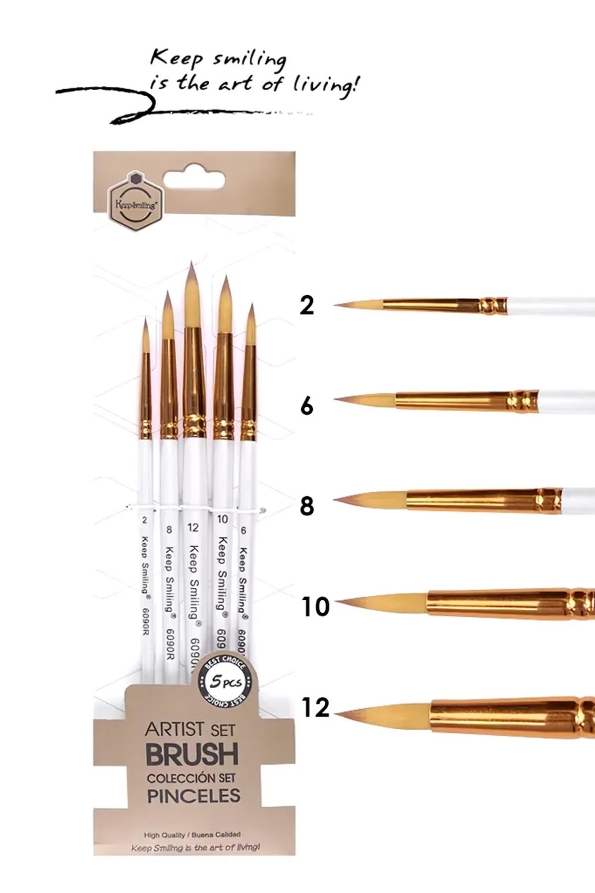 Keep Smiling Fırça Seti 5'li (Suluboya-Akrilik-Yağlı Boya) Yuvarlak Uç