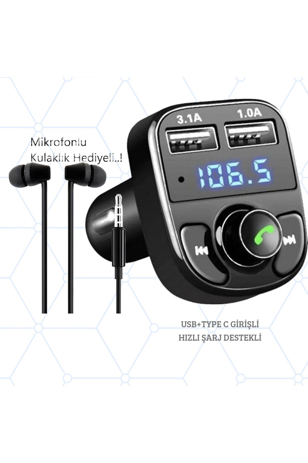 LİM-SA Fm Transmitter Bluetooth Usb Mp3 Çakmaklık Girişli Oto Müzik Çalar Kiti Mikrofonlu Kulaklık Hediyeli