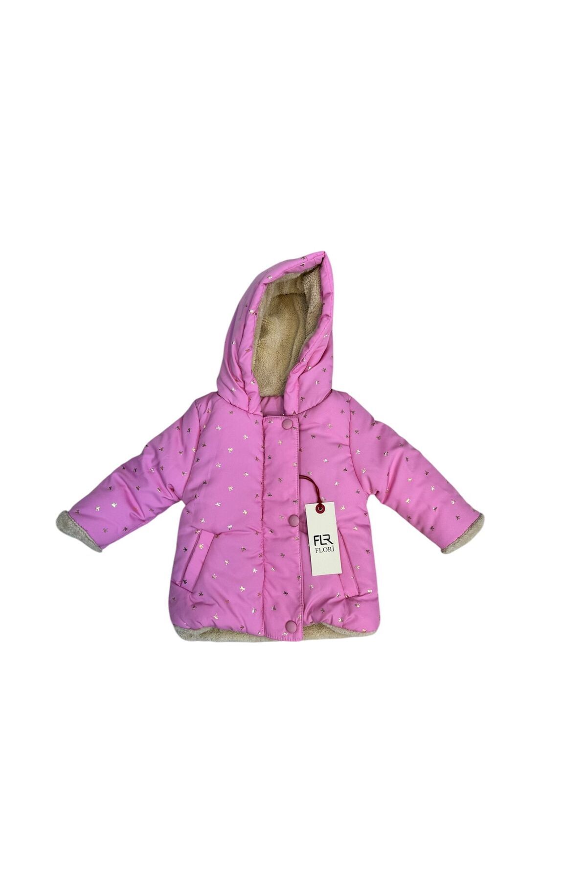 FATELLA-Baby Girl Fur Lined Hooded Polka Dot Winter Inflatable Coat 1