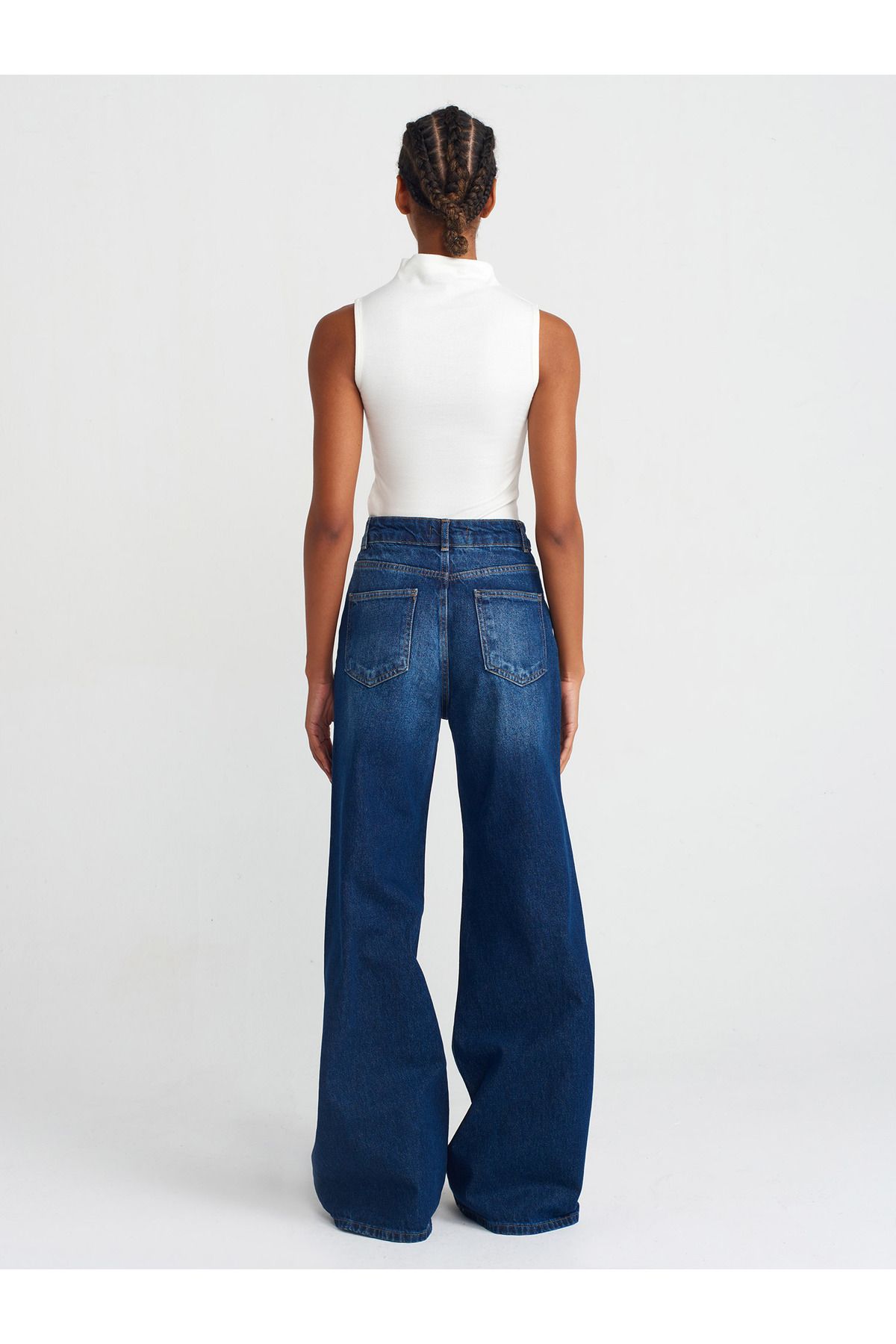 Dilvin-71746 Pantaloni largi din denim de culoare închisă-albastru marin 2