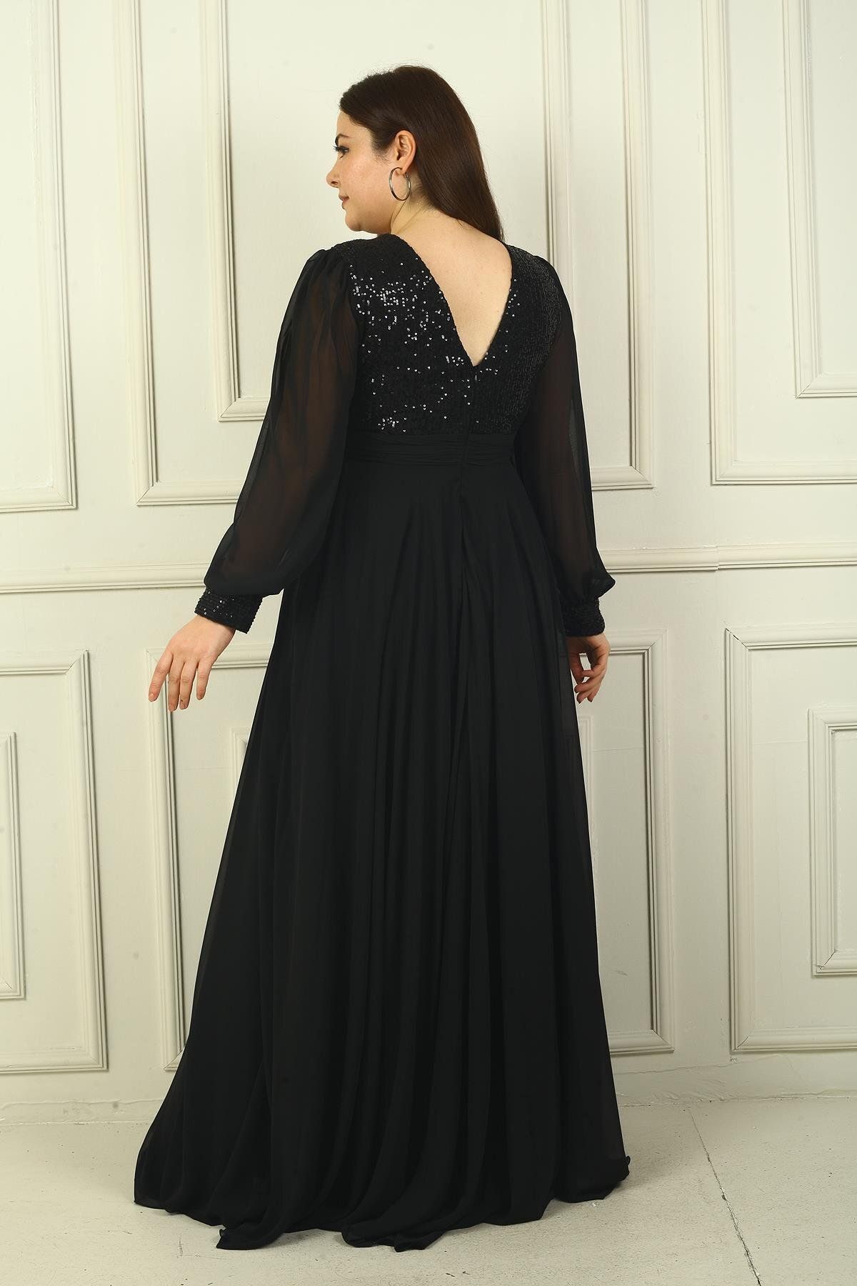 By Saygı-Dámské dlouhé šifonové večerní šaty s předním zadním výstřihem a výstřihem do V s podšívkou Plus Size 4