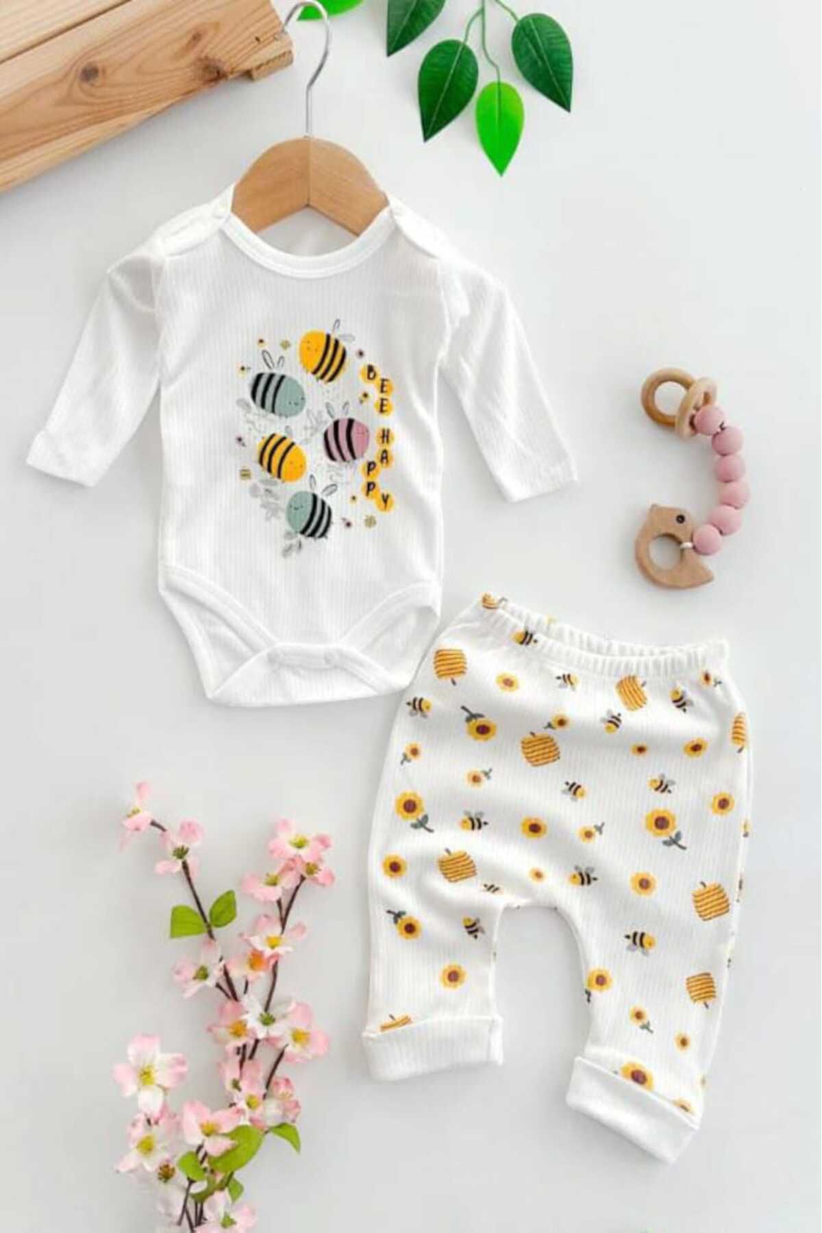 dinamik çocuk-Bee Printed Corded Fabric Baby Girl's Set with Snap Fasteners, 100% Cotton, 2-Piece Bottom Top, 0-3-6-9 Months 1