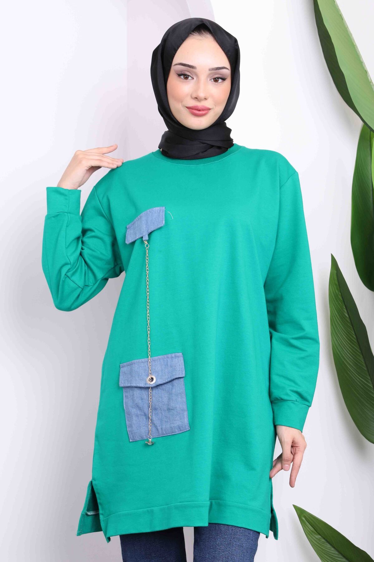 İmajButik-Green Denim Detail Crew Neck Two Yarn Tunic 3