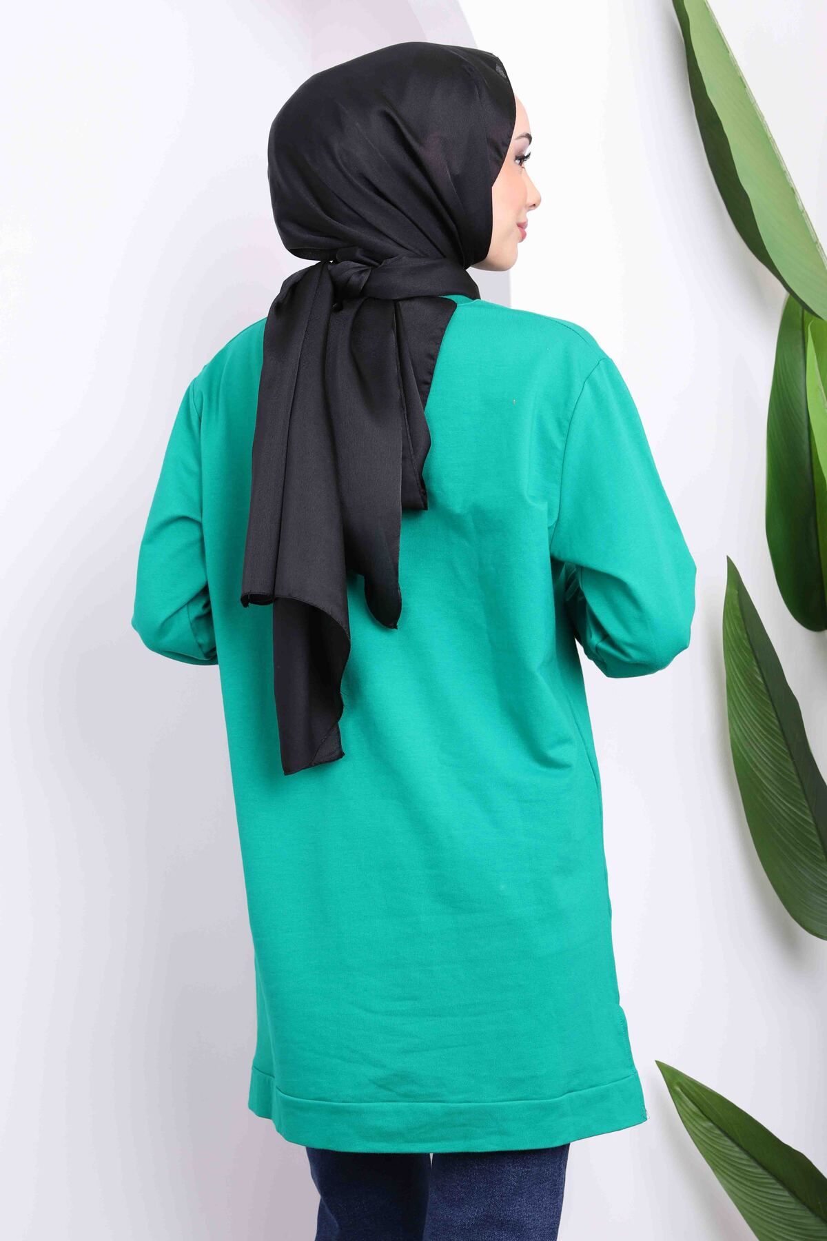 İmajButik-Green Denim Detail Crew Neck Two Yarn Tunic 4