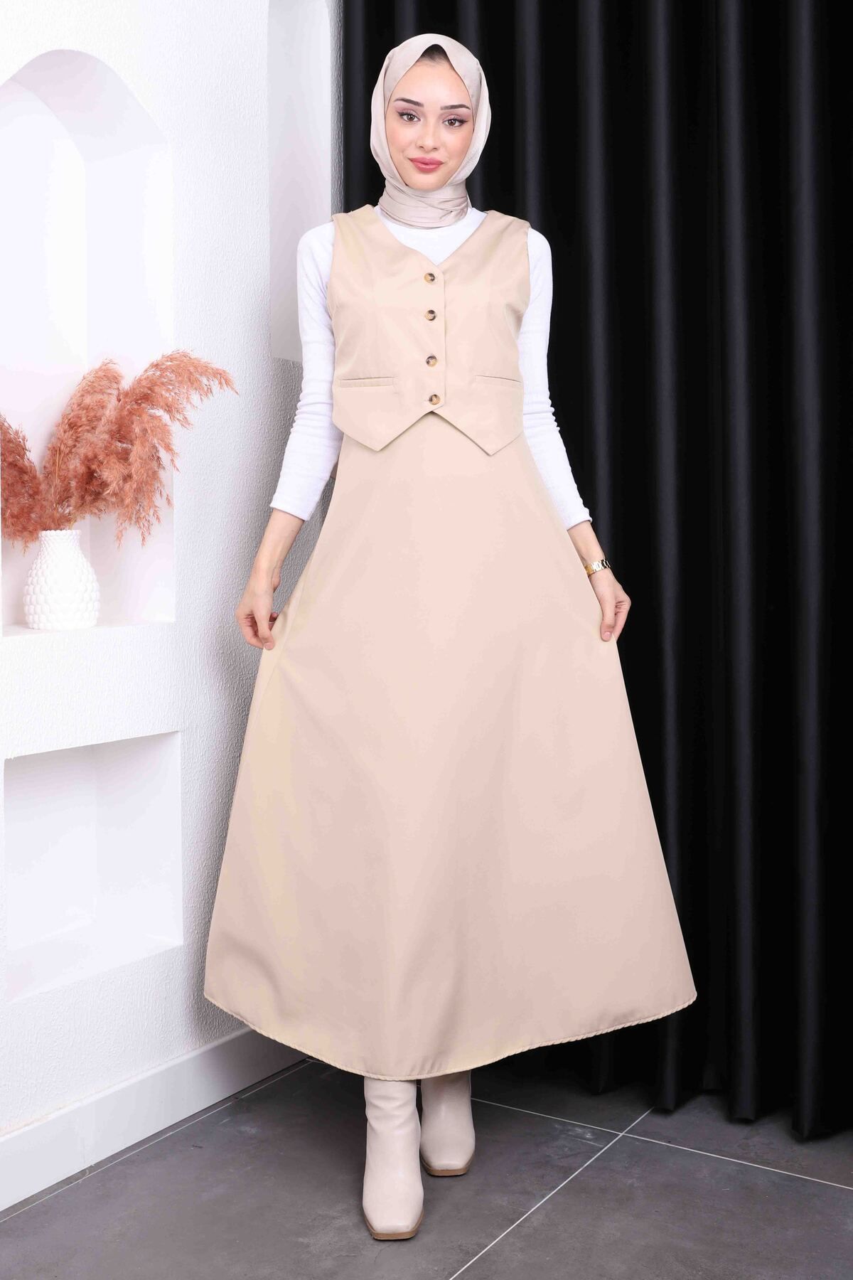 İmajButik-Beige Flared Skirt Vest Set 2