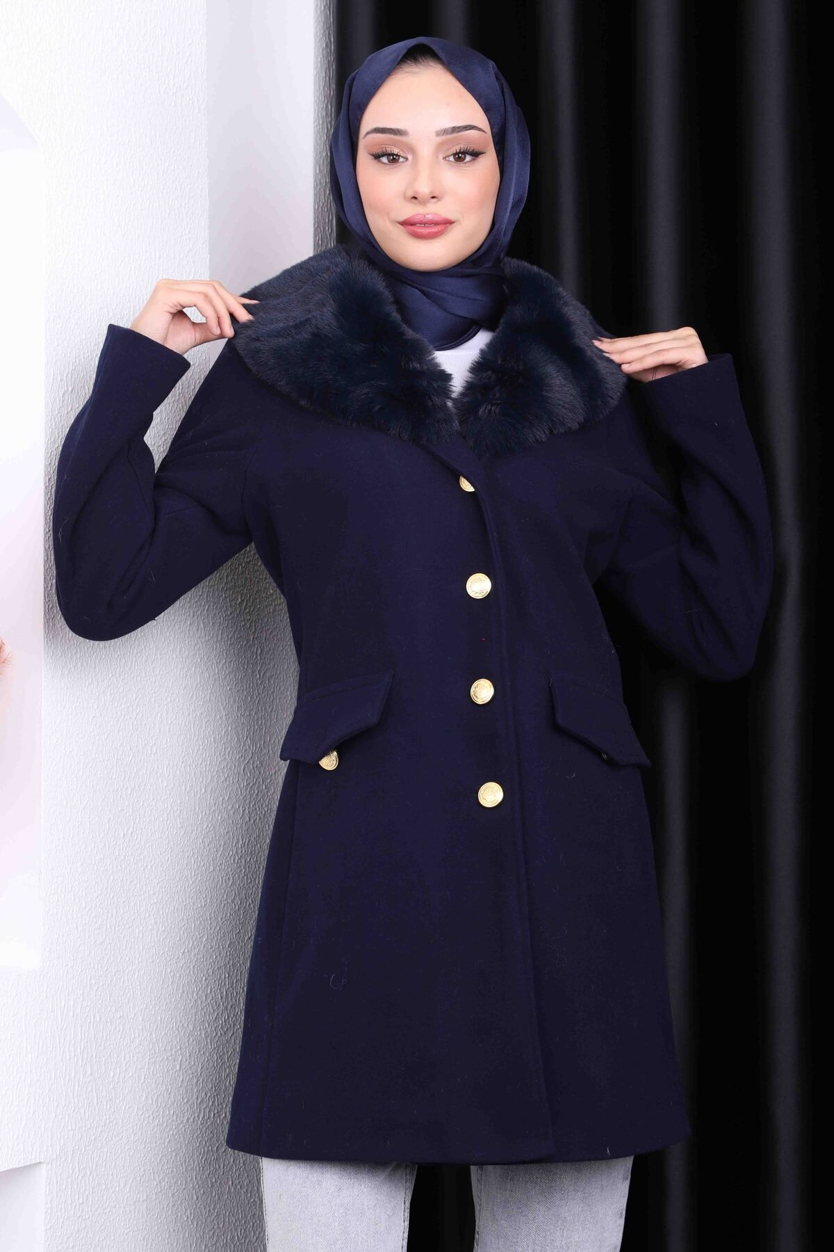 İmajButik-Navy Blue Collar Sheepskin Short Cashmere Coat 3