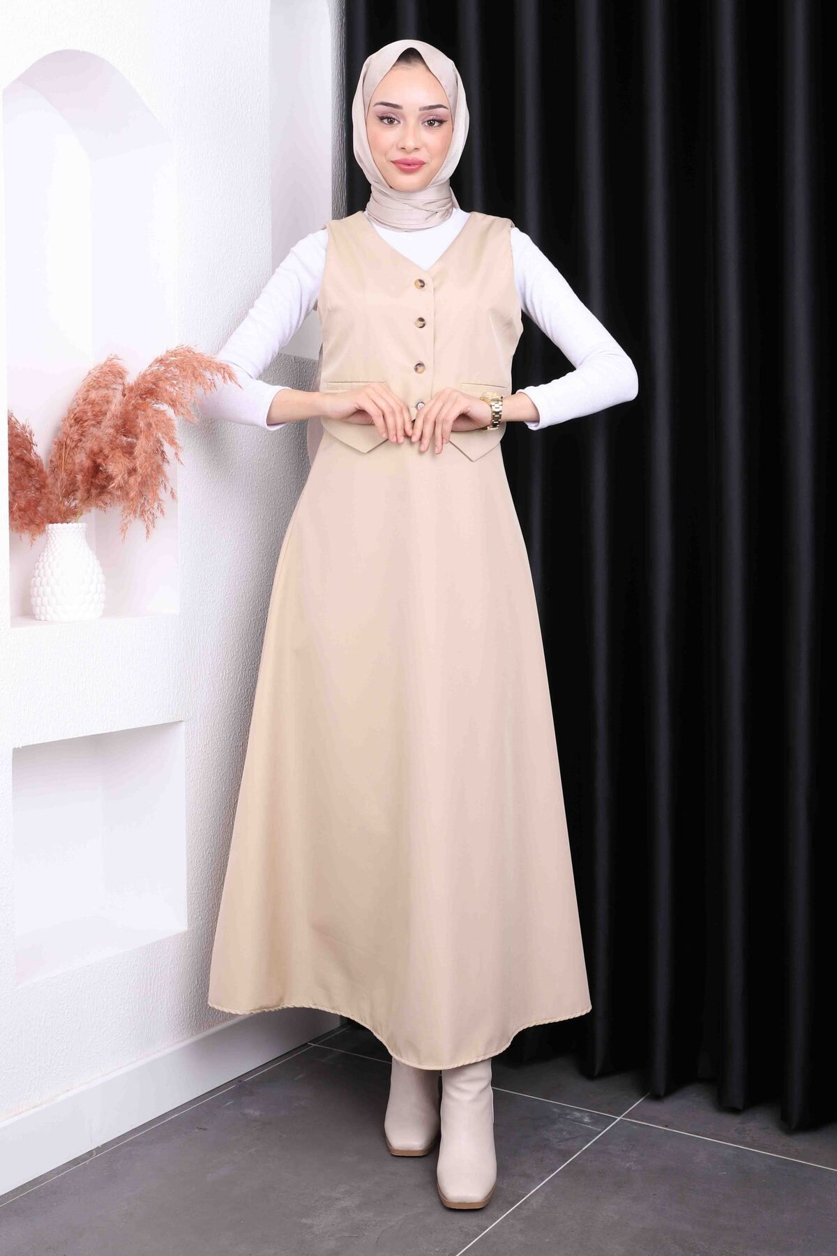 İmajButik-Beige Flared Skirt Vest Set 1