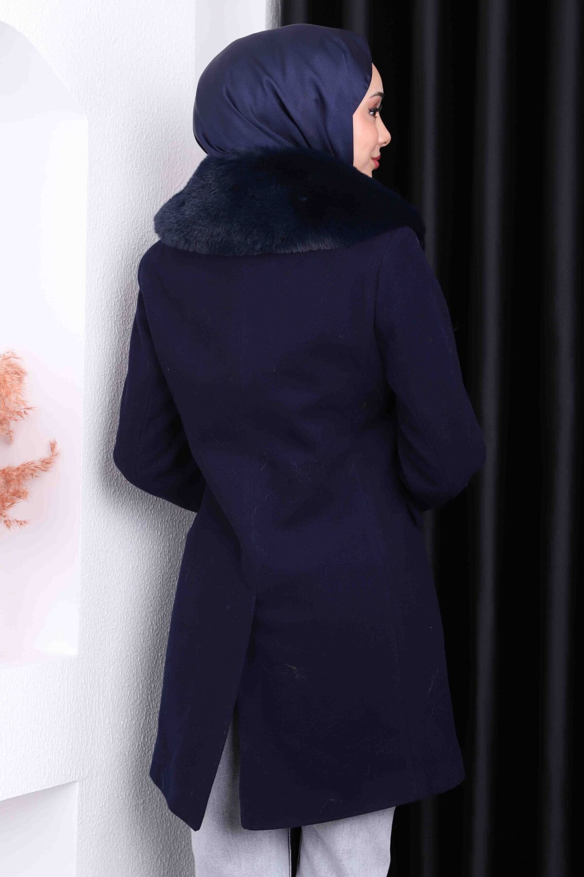 İmajButik-Navy Blue Collar Sheepskin Short Cashmere Coat 4