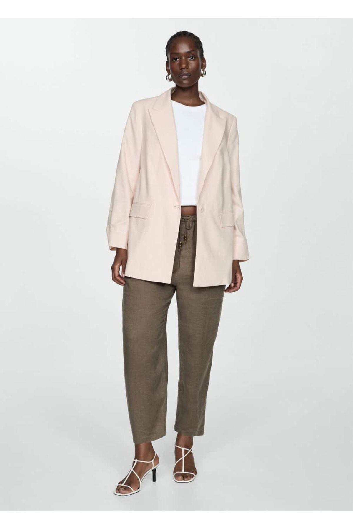 MANGO Woman-Linen Blazer Jacket with Cuffs Button 8