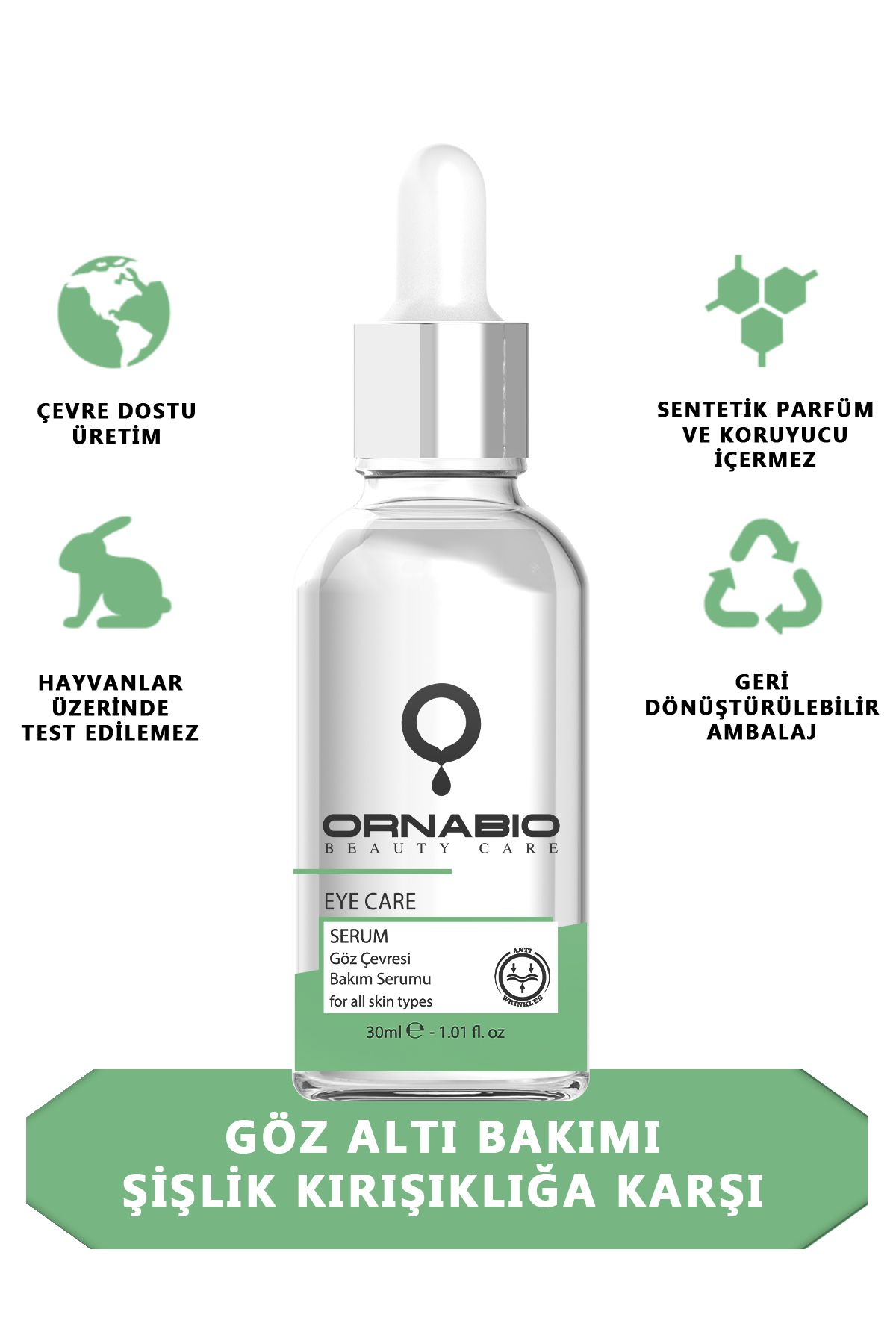 ornabio organik natural biyolojik Göz Altı Bakım Serumu Şişlik Kırışıklık&Koyu Halkalara Karşı Aydınlatıcı(Cafeine-HyaluronicAcid)30ml