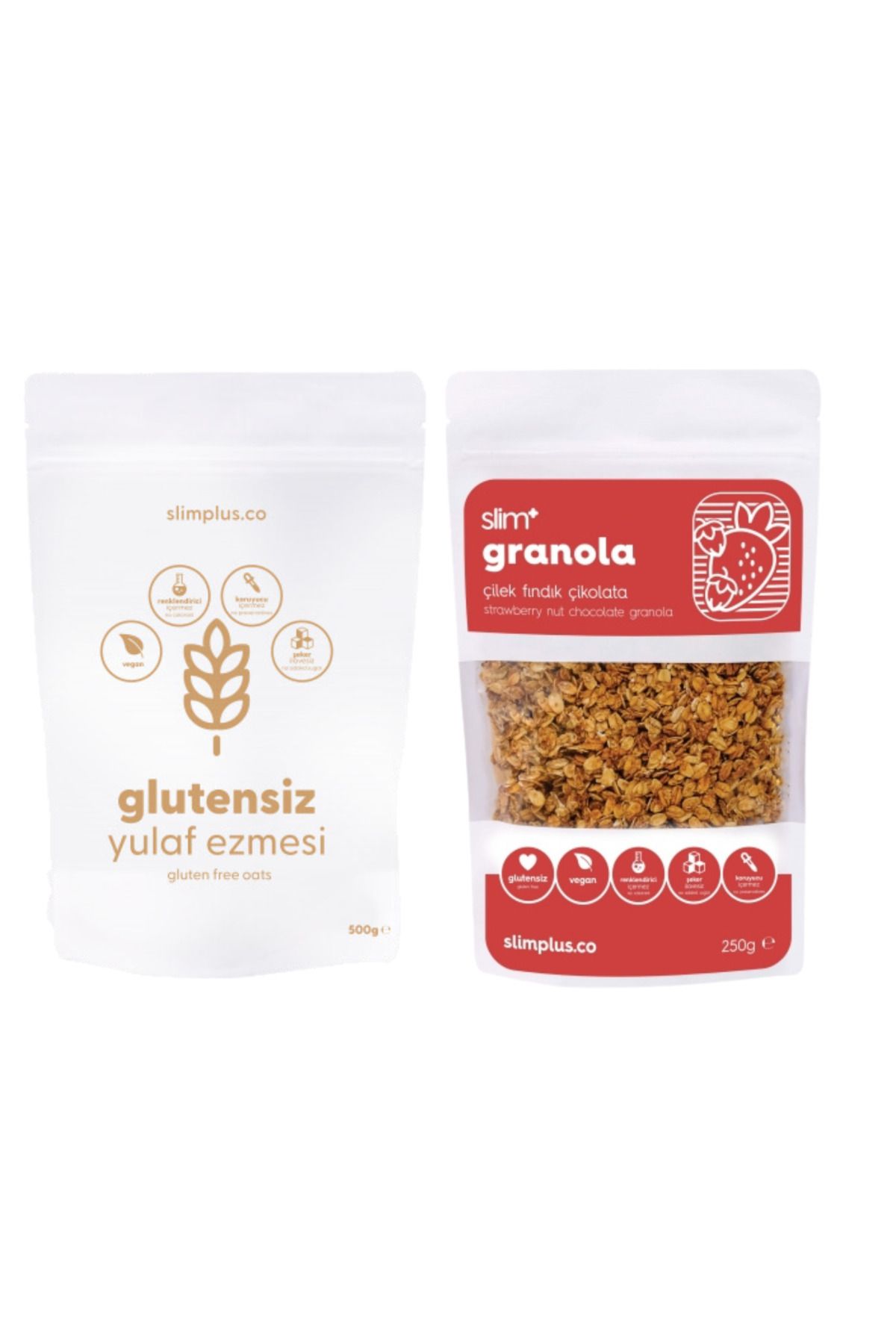 slimplus Çikolata Çilek Fındık Glutensiz İlave Şekersiz Vegan Granola 250G ve 500G Yulaf Ezmesi Paketi