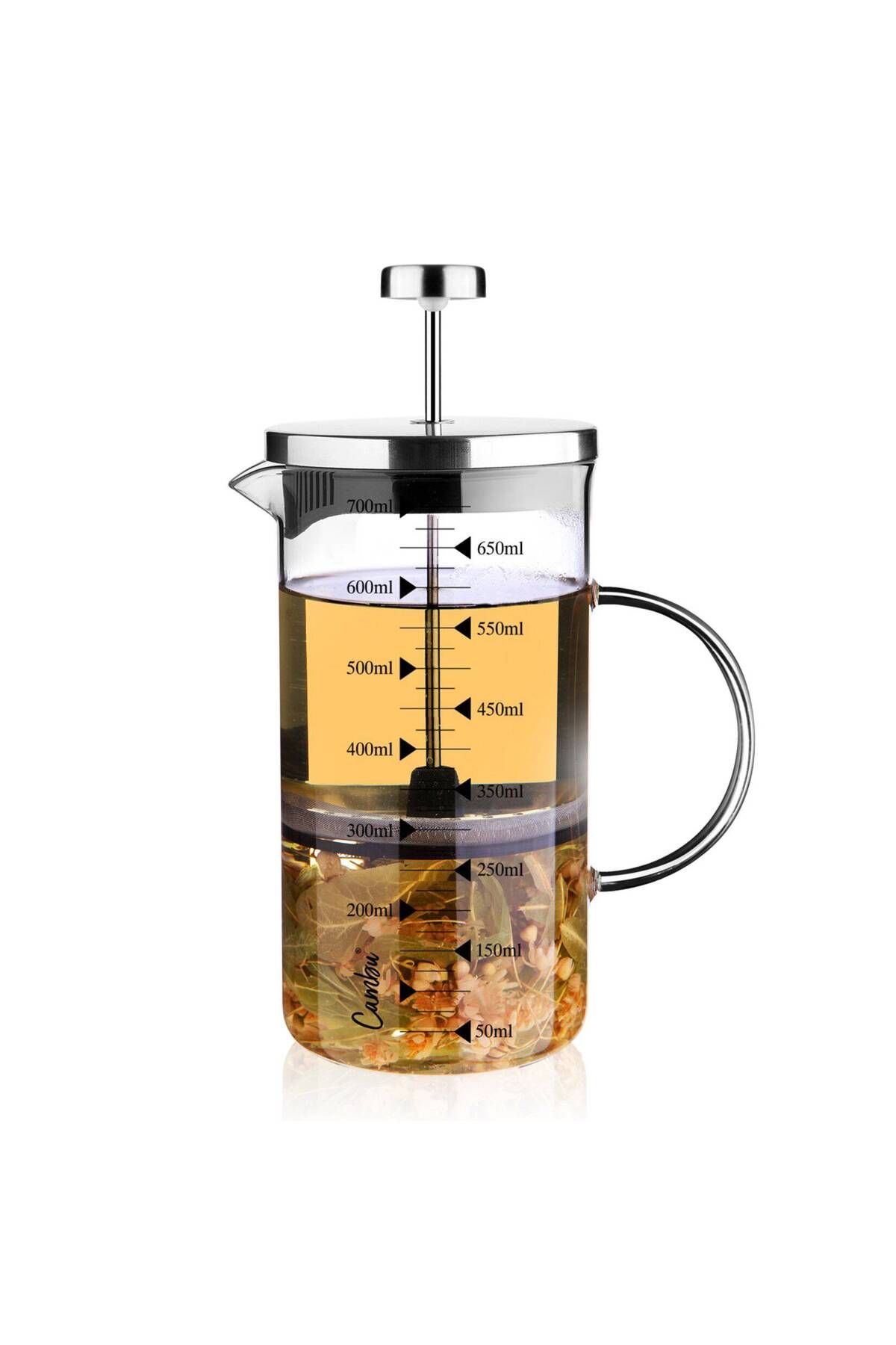 Mayko Çikolata Cambu 700ml 3'ü 1 Arada Ateşe Dayanıklı (French Press Demlik, Ölçü Kabı)