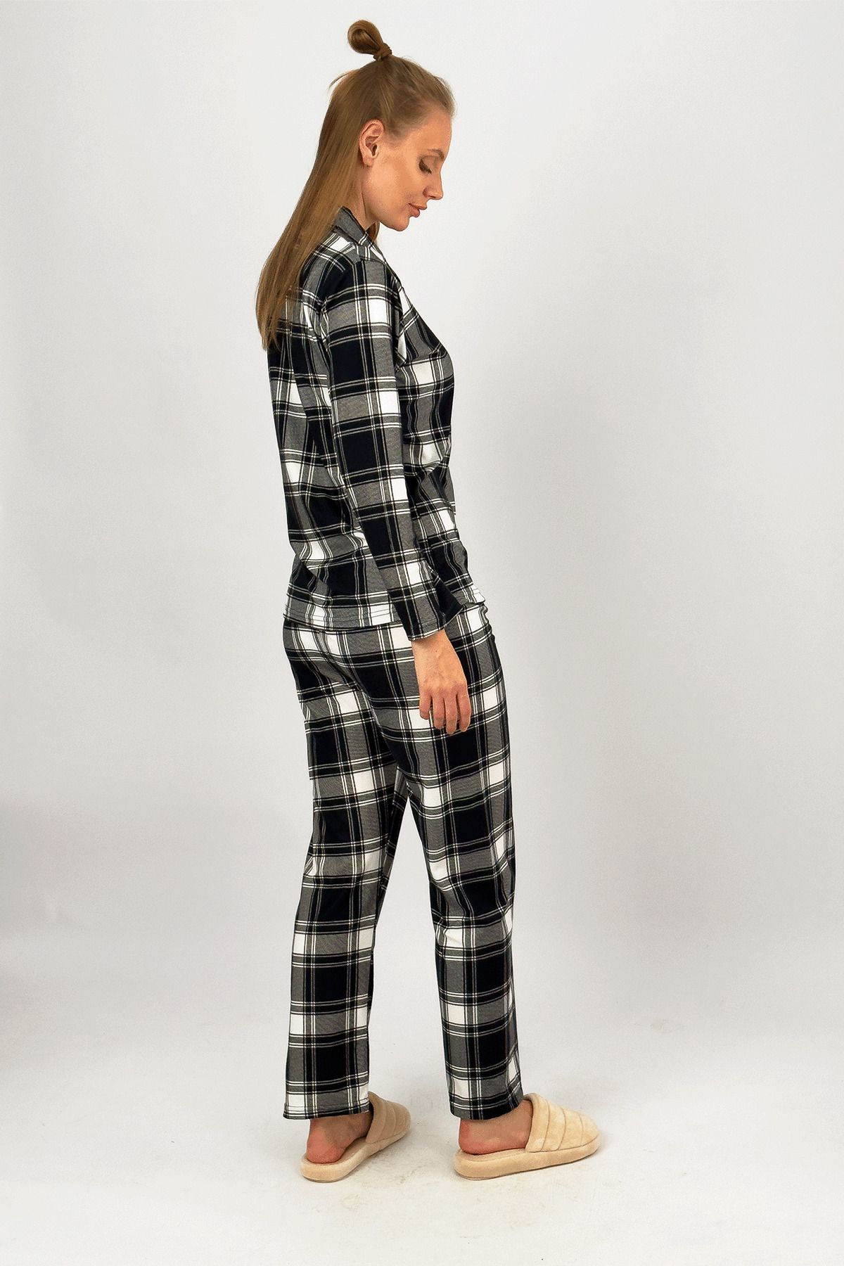 Betimoda-Winter Velvet Suede Pajamas Set - Black Square Warm Elastic Waist with Front Buttons and Pockets 6