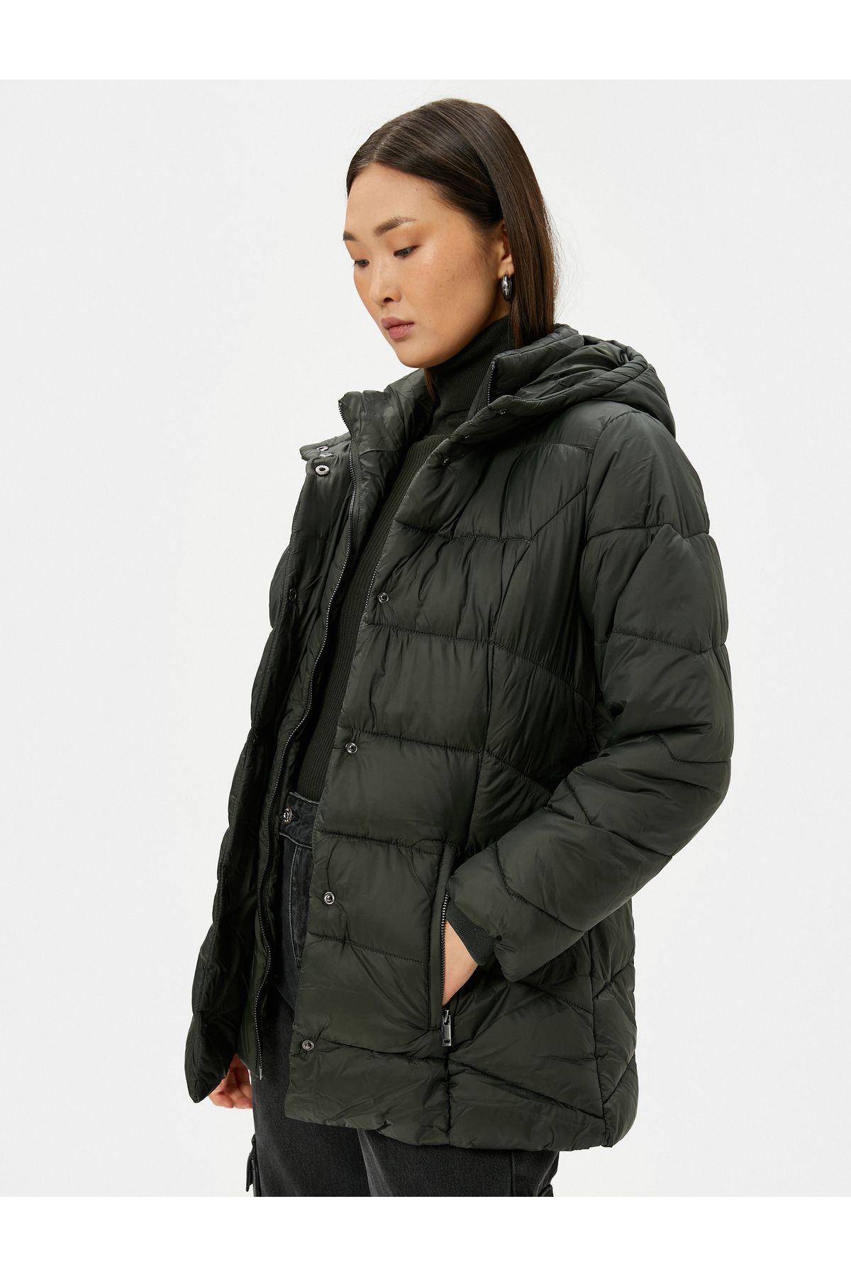 Koton-Puffer Jacket Kapsa na opasku s kapucí a zipem 2