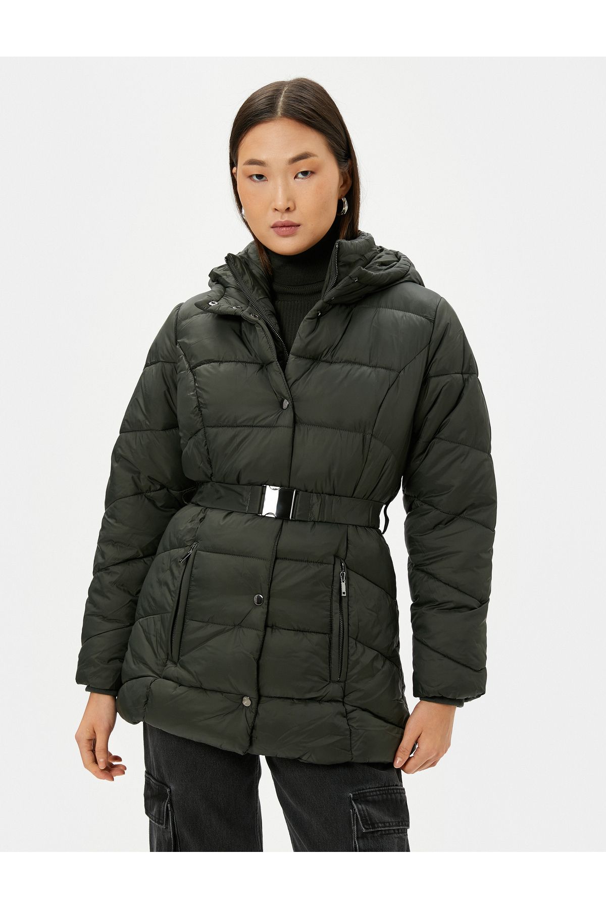 Koton-Puffer Jacket Kapsa na opasku s kapucí a zipem 3