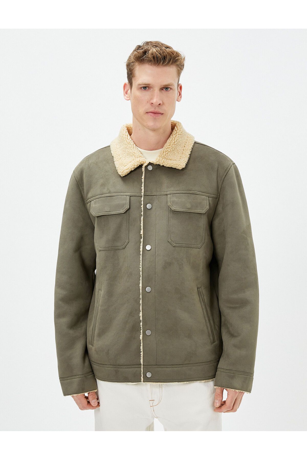 Koton-Suede Look Jacket Inside with Plush Pocket Detail and Snap Buttons 5