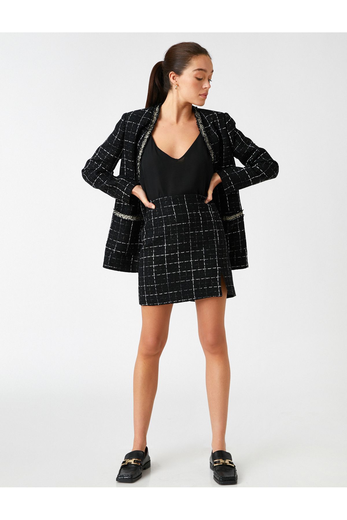 Koton-Fustă mini cu fante din tweed în carouri 2