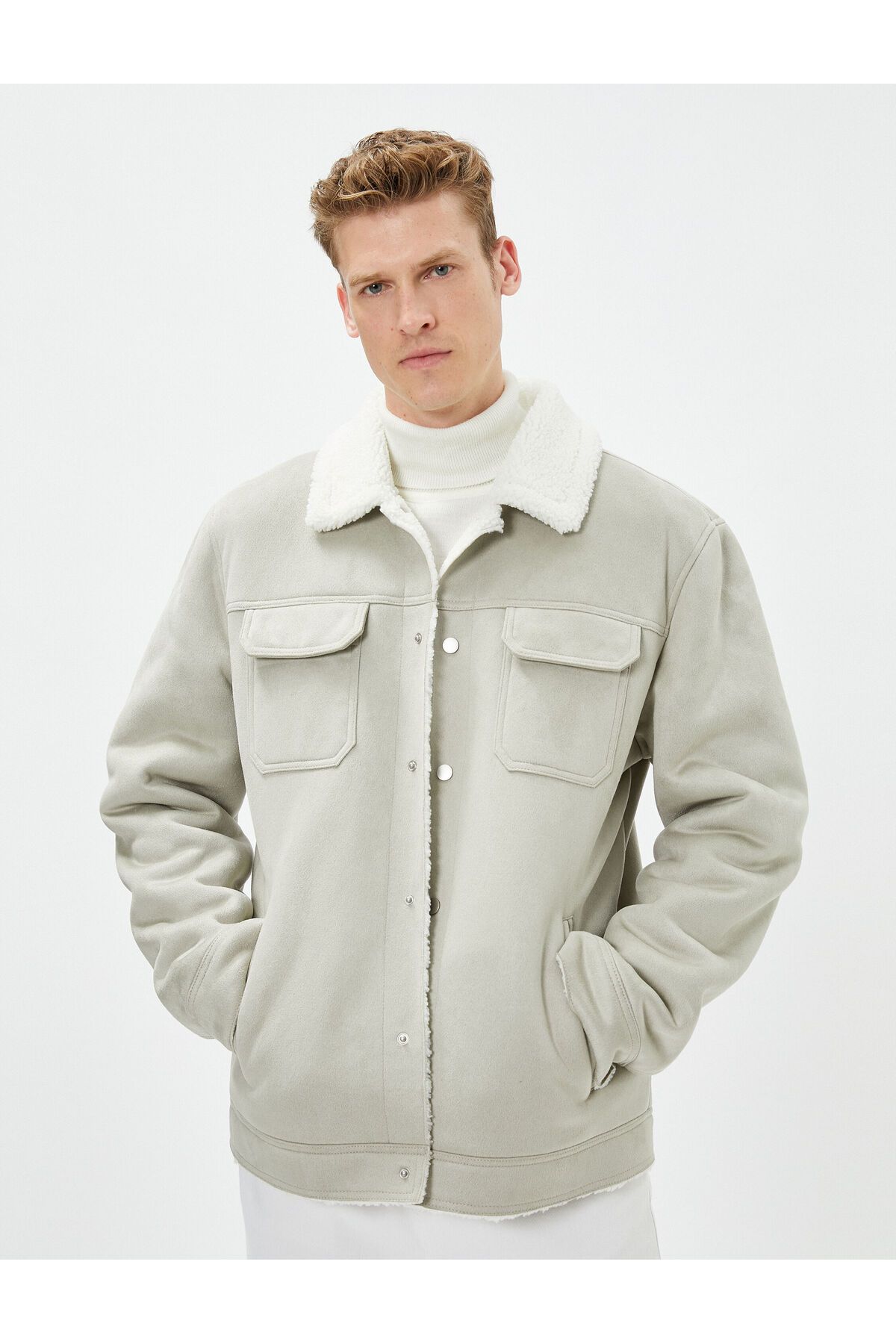 Koton-Suede Look Jacket Inside with Plush Pocket Detail and Snap Buttons 4