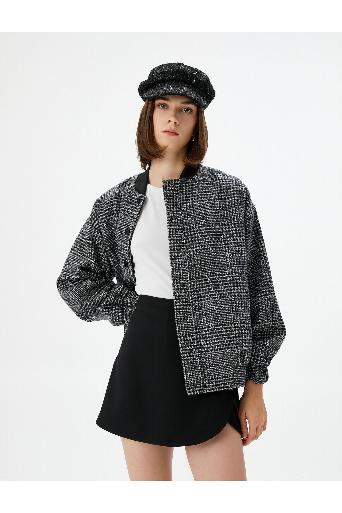 Koton-Bomber Jacket Tweed Textured Snap Button 2