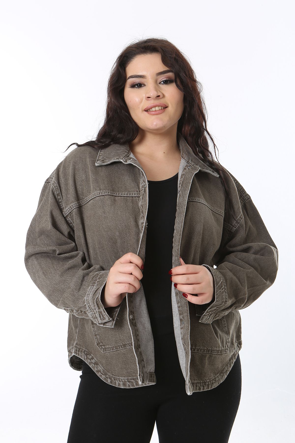 Şans-Women's Plus Size Khaki Front Button Pocket Denim Shirt Coat 65N38681 4