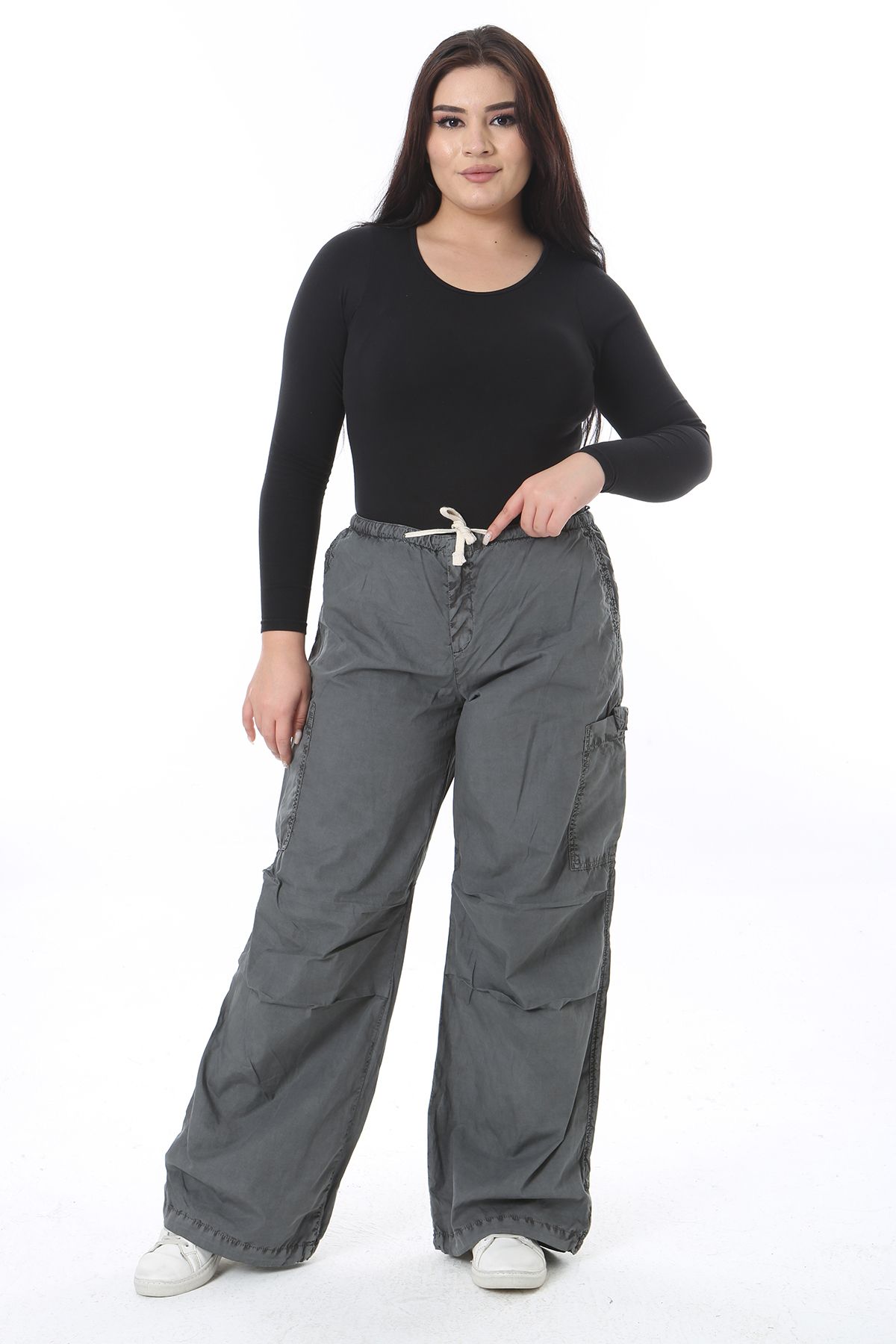 Şans-Women's Plus Size Gray Cargo Pocket Waist Lace-Up Sports Pants 65N38551 8