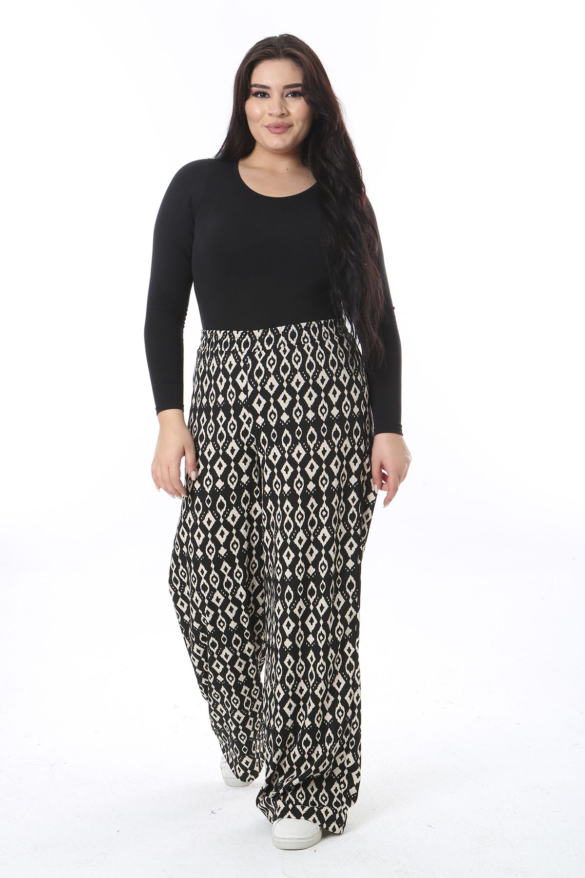 Şans-Women's Plus Size Black Elastic Waist Patterned Pants 65N38554 6