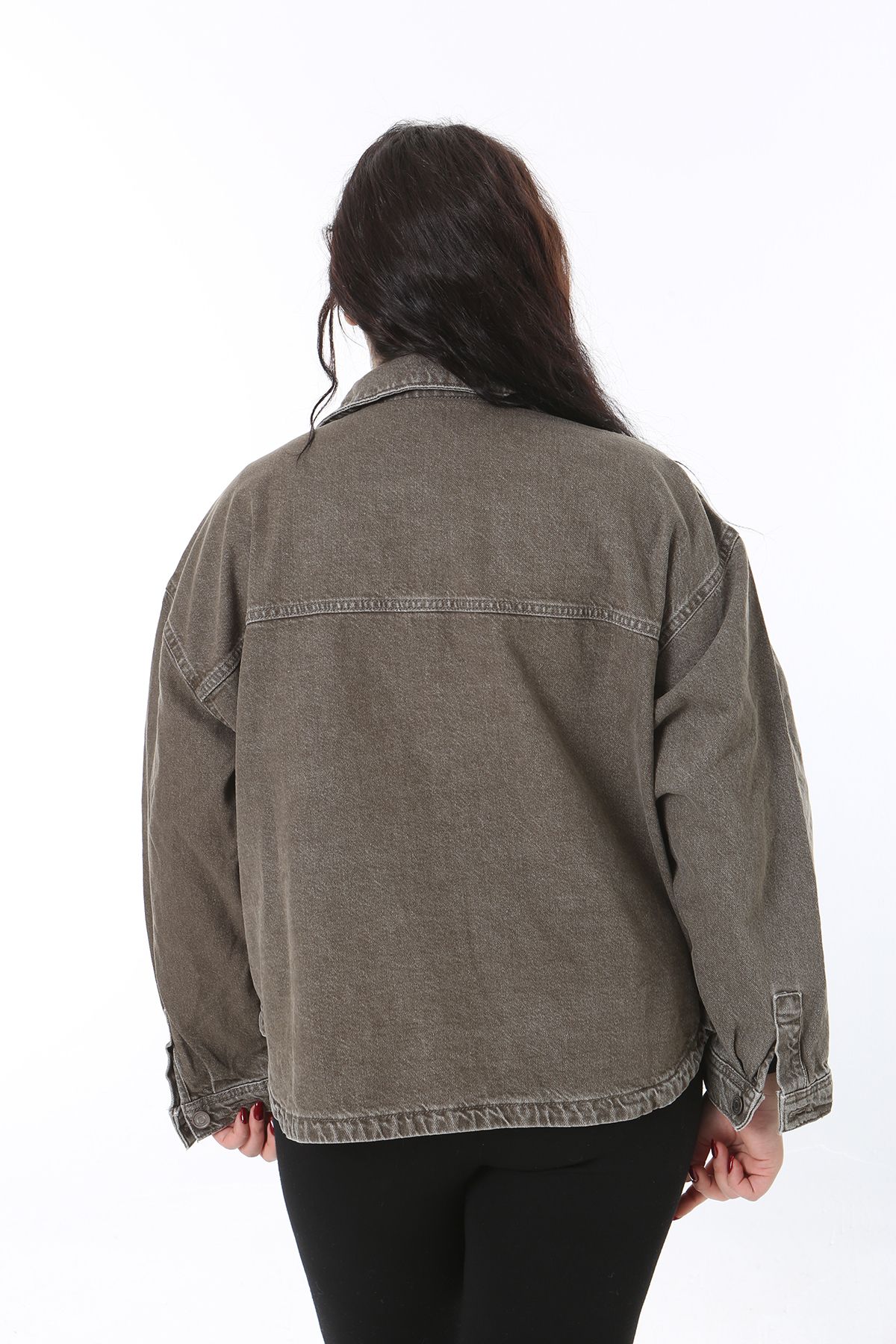 Şans-Women's Plus Size Khaki Front Button Pocket Denim Shirt Coat 65N38681 8