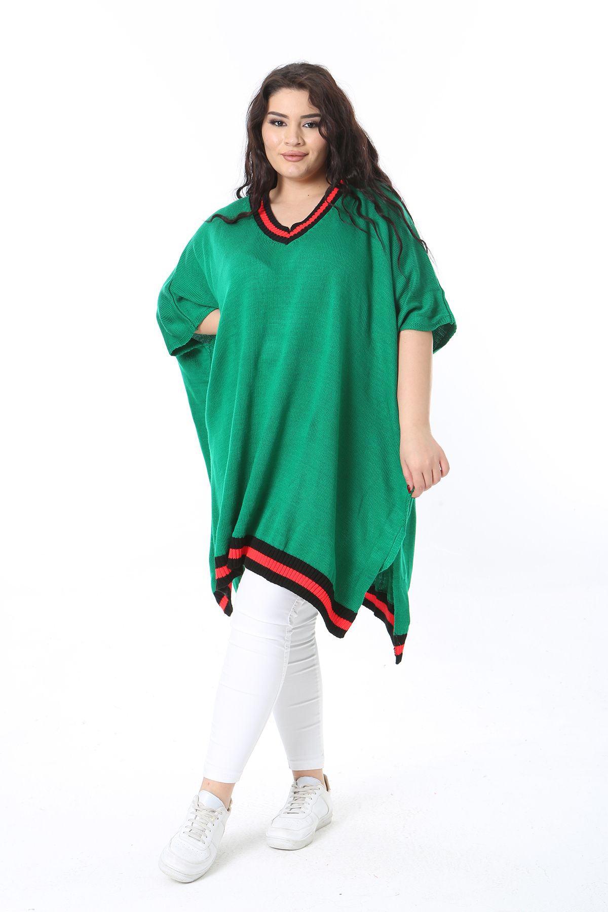 Şans-Women's Plus Size Green V-Neck Knitwear Poncho 65N38571 3