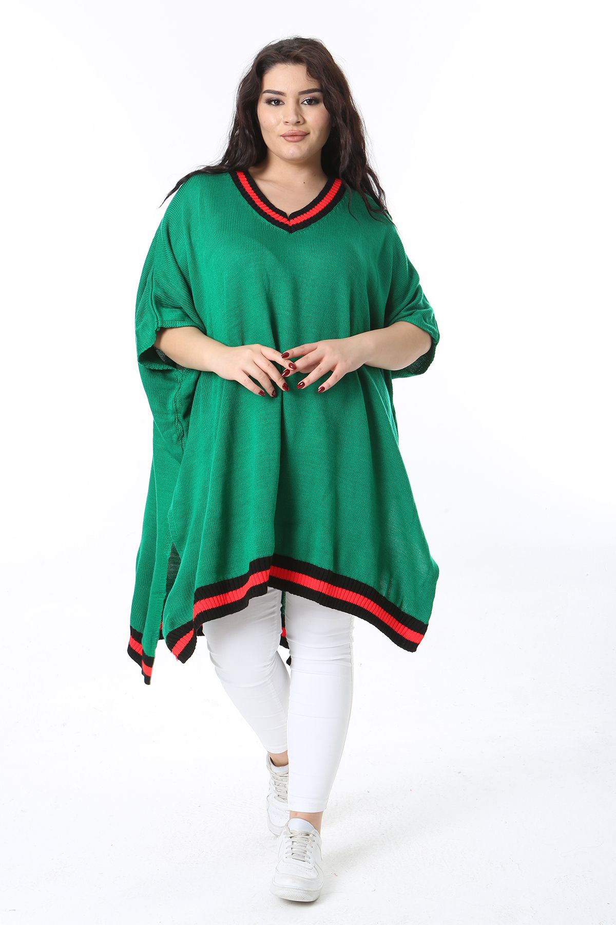 Şans-Women's Plus Size Green V-Neck Knitwear Poncho 65N38571 8