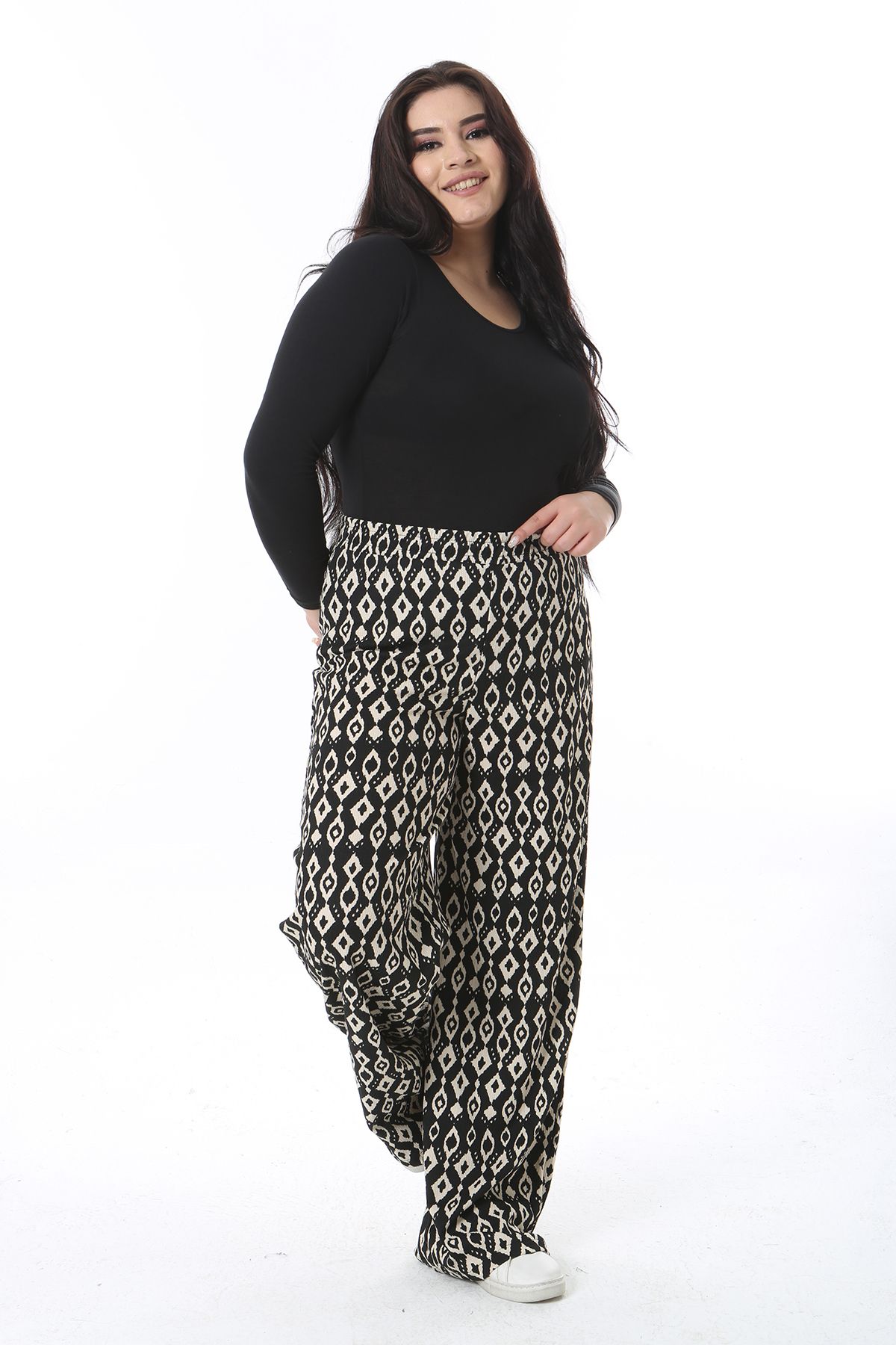 Şans-Women's Plus Size Black Elastic Waist Patterned Pants 65N38554 8