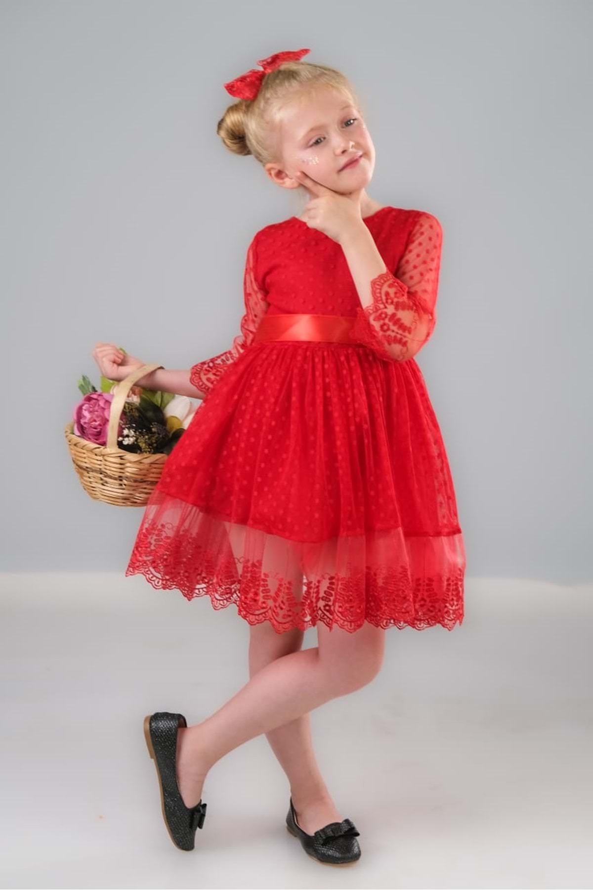 Mnk Dream Luxury Dantel Kız Çocuk Elbise MNK0327 KIRMIZI fotoğrafı 4 (önizleme)