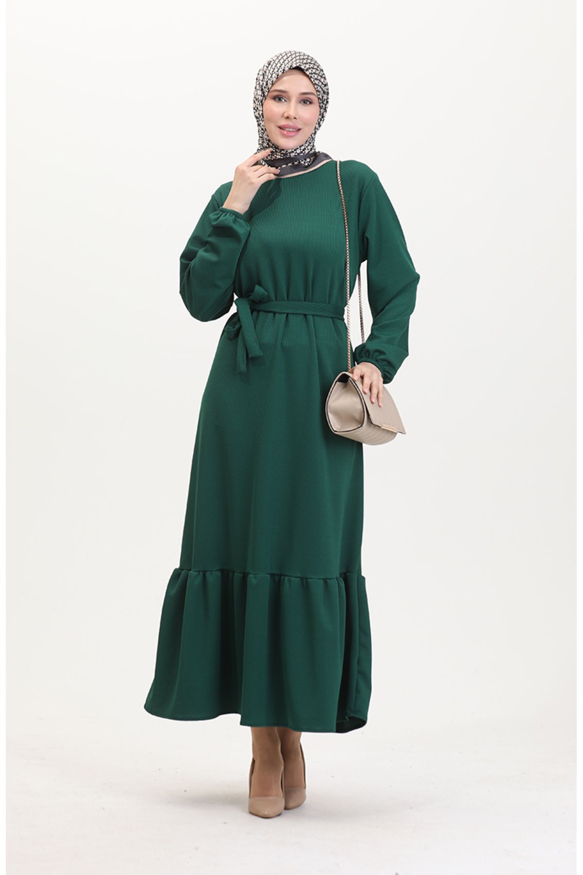 sefamerve-Twist Fabric Ribbed Ruffled Dress 0528-07 Green 2