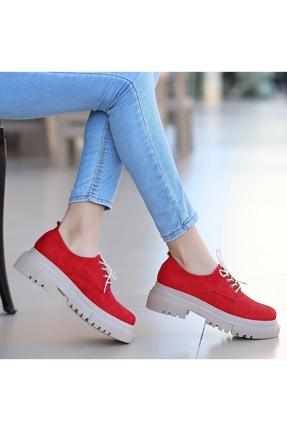 Teri Kırmızı Cilt Desenli Bağcıklı Ayakkabı