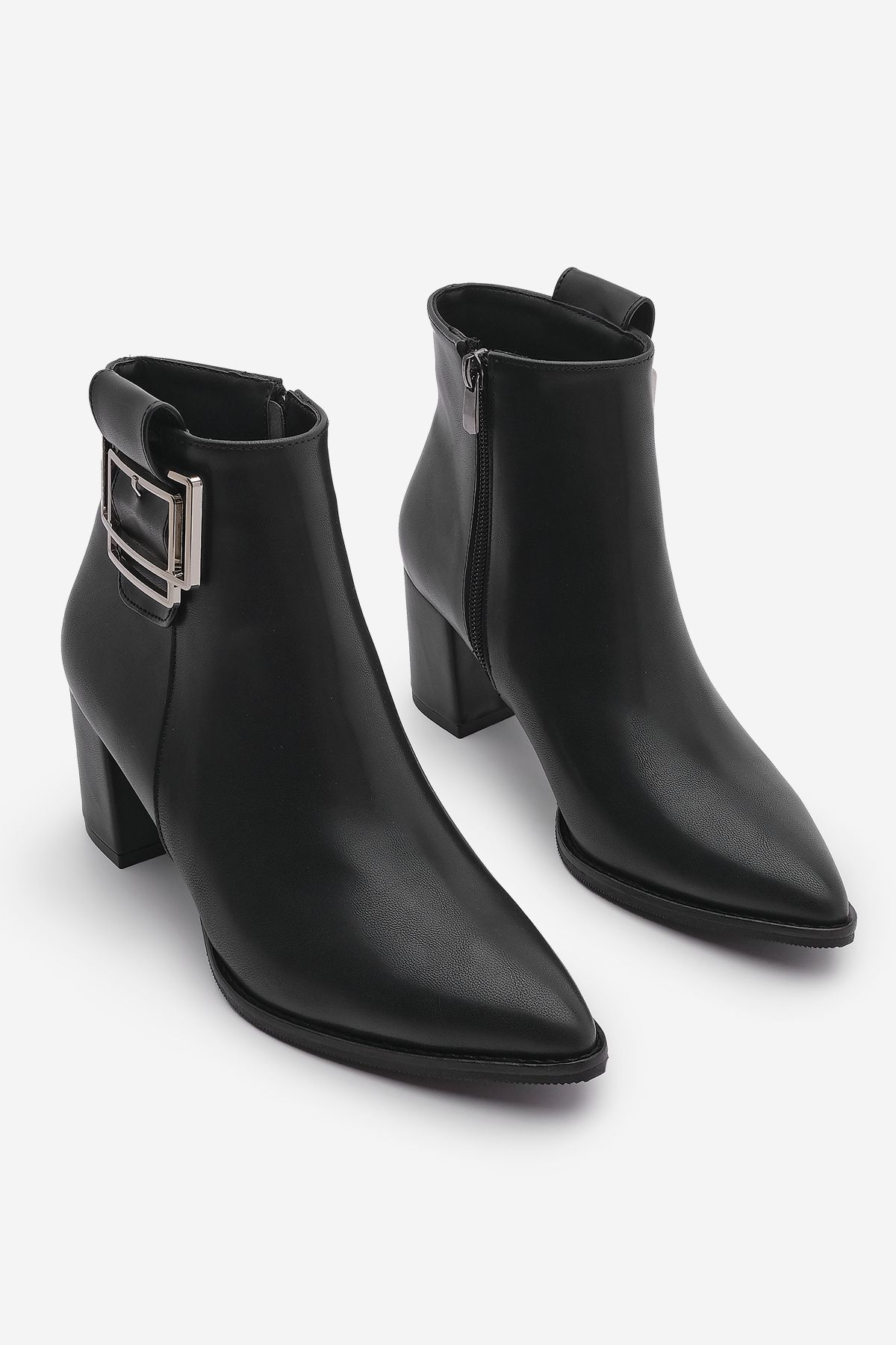 Marjin-Zetta Black Women's Boots - Thick Heel with Silver Buckle and Belt Detail 5