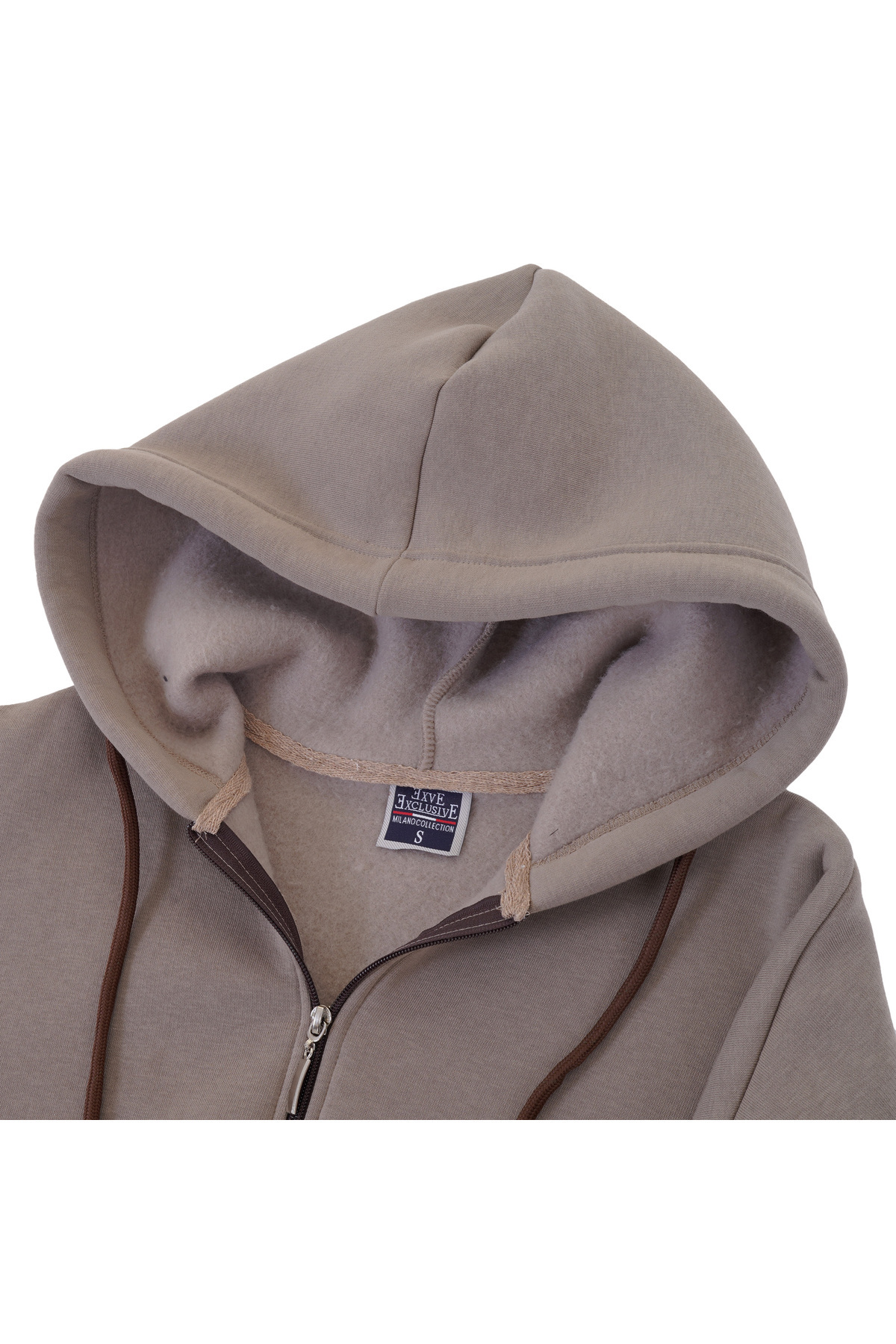 Exve Exclusive-Μπεζ Basic Oversize Μαλακό Πλεκτό Χειμερινό Φούτερ με κουκούλα με φλις εσωτερικά 3 νήματα με φερμουάρ Loose Ζακέτα 7