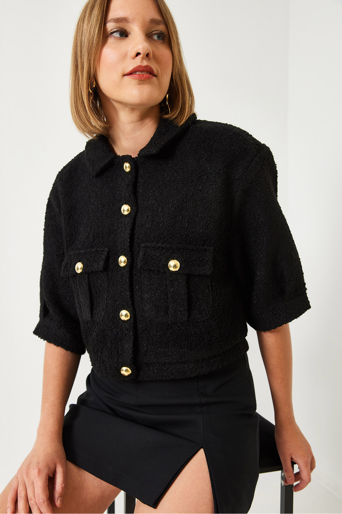 LUCCI Cropped Plush Buttoned Jacket with Shirt Collar 4