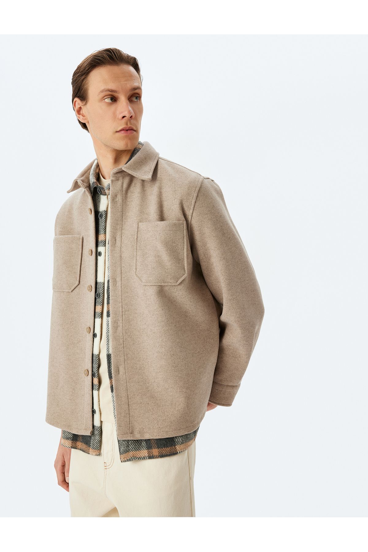 Koton-Viskose-Mischgewebe Regular Fit Langarm-Kaschmir-Hemdjacke mit Taschendetail 3
