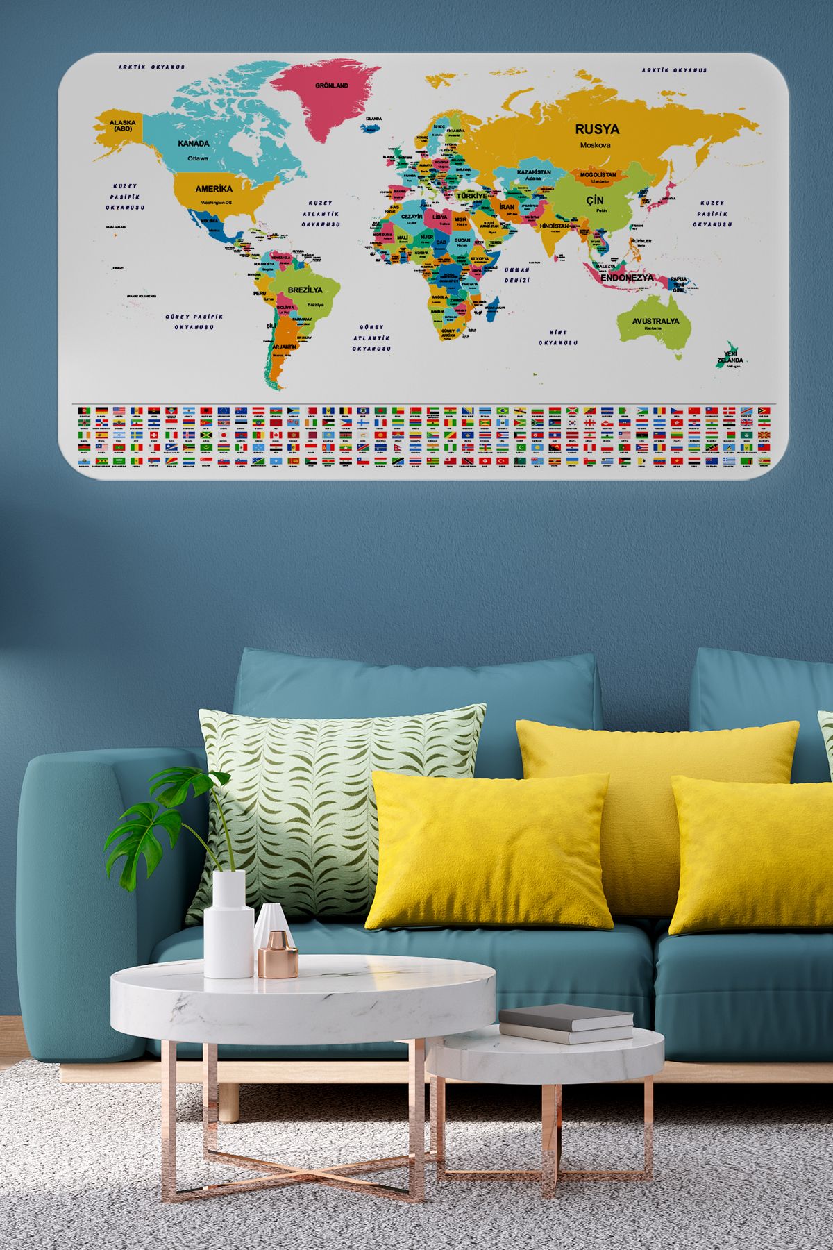 Haye Collection Türkçe Ülke Bayrak lı Eğitici Başkent Detaylı Atlası Dünya Haritası Duvar Sticker -60x105-3834