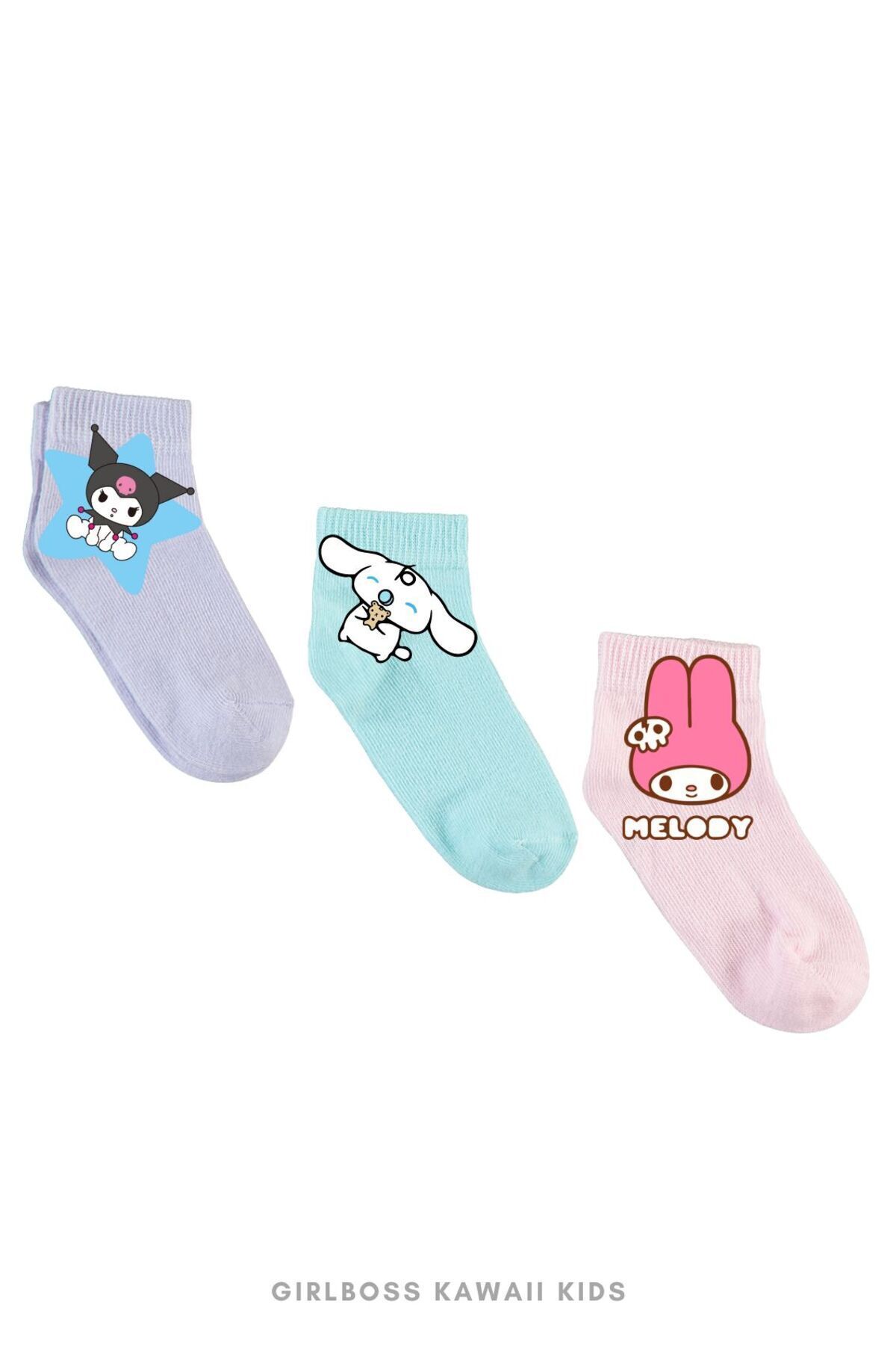 Girlboss Kawaii-Sanrio Girlboss Kids - 3-Piece Girl's Socks Set: Kuromi, Cinnamoroll, My Melody 1