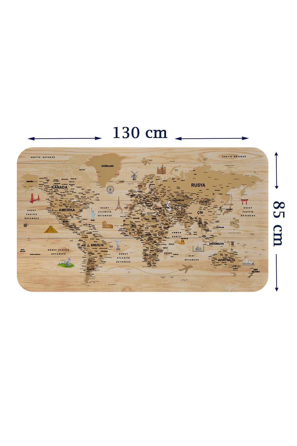 bluvex Ahşap Görünümlü Türkçe Eğitici Detaylı Atlası Dünya Haritası Duvar Sticker-85x130-3843