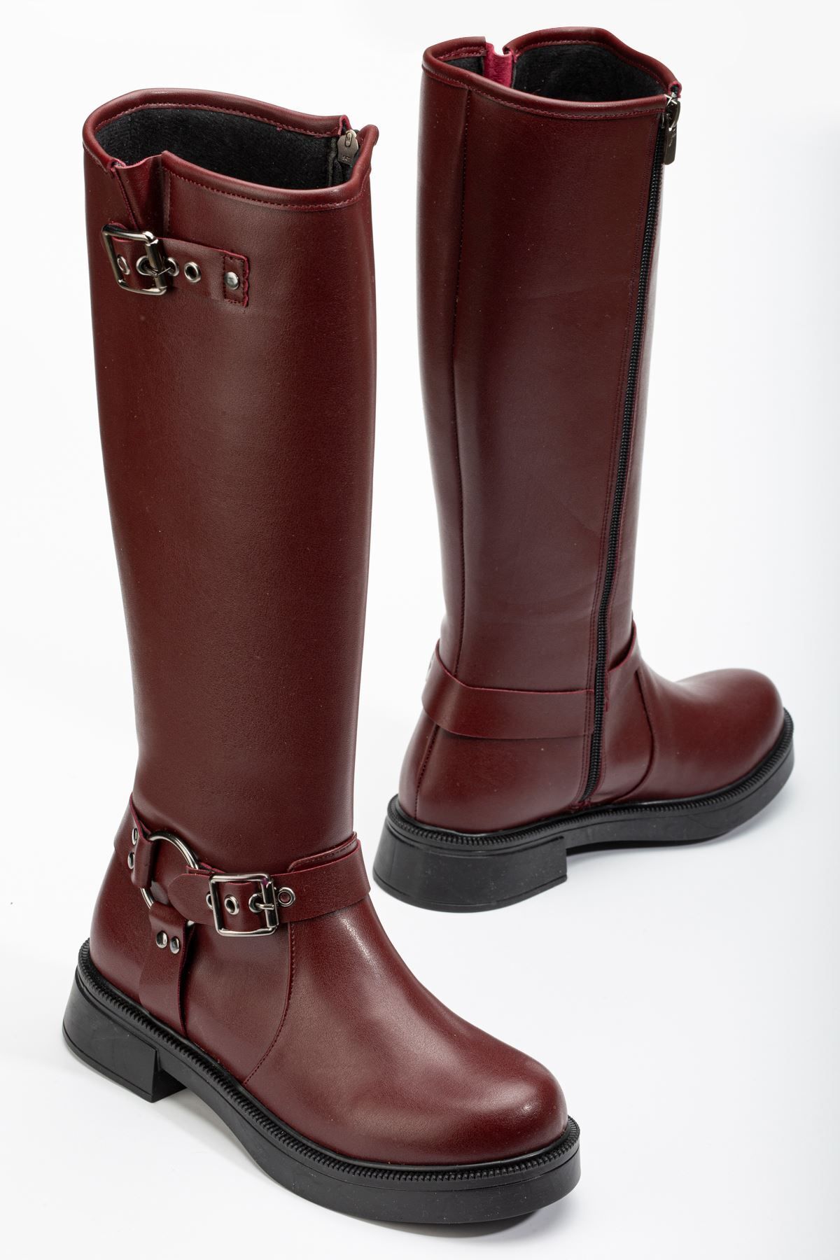 ASFSTORE 02-312 Bordo Toka Aksesuarlı Fermuarlı Günlük Kadın Çizme