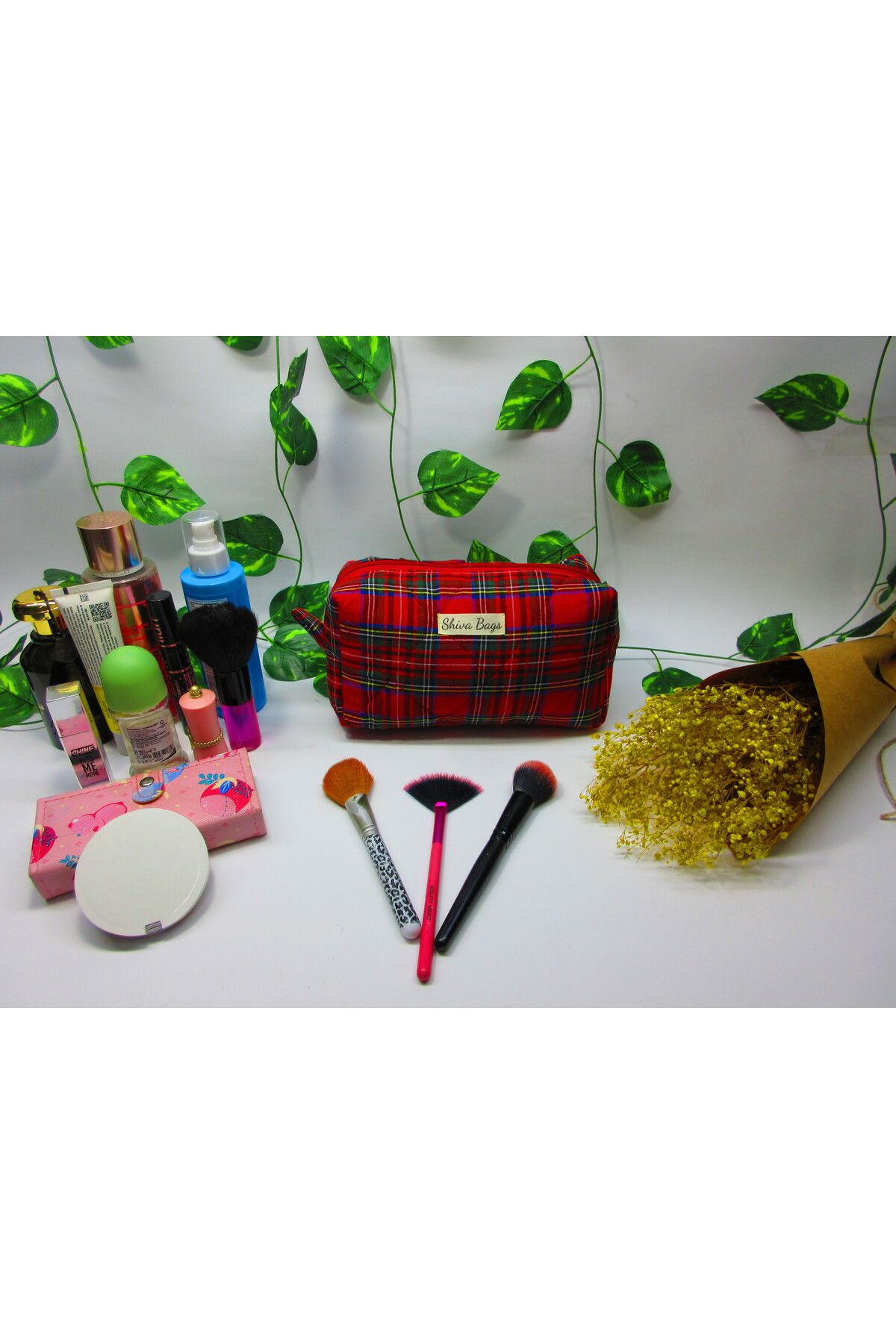 borandtm-Red Plaid Travel Makeup / Cosmetic Bag 2