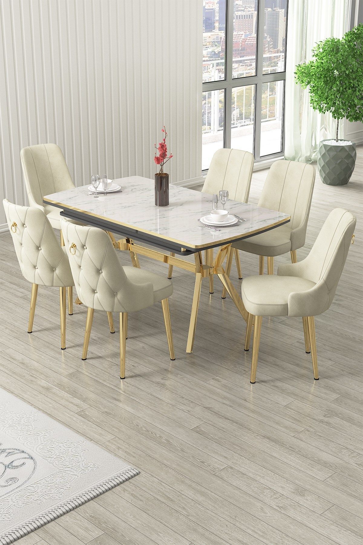 Canisa Nis Serisi 89x150 Açılabilir Lak Panel Beyaz Mermer Gold Ayak Masa Takımı ve 6 Krem Sandalye