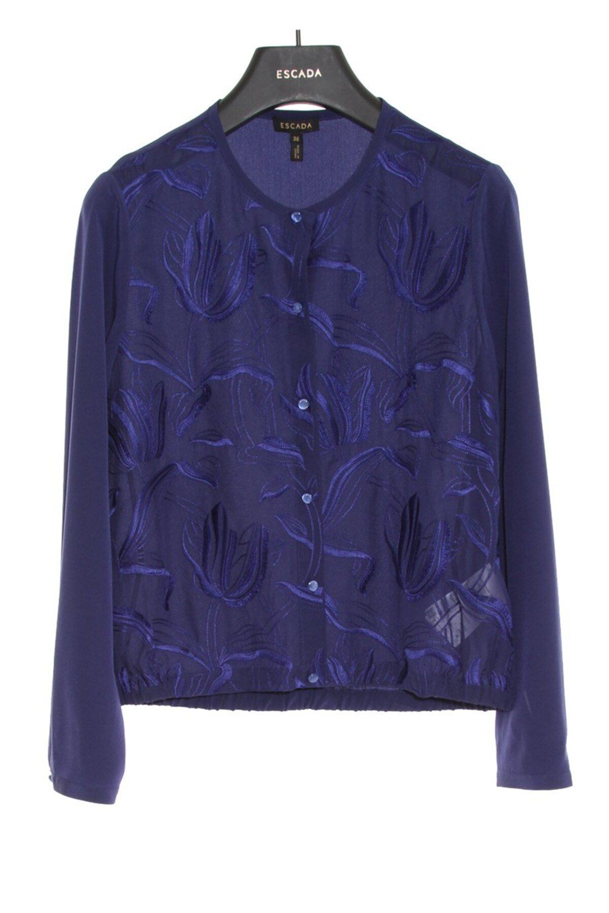 Escada-Crew Neck Patterned Blue Silk Shirt with Elastic Waist 5