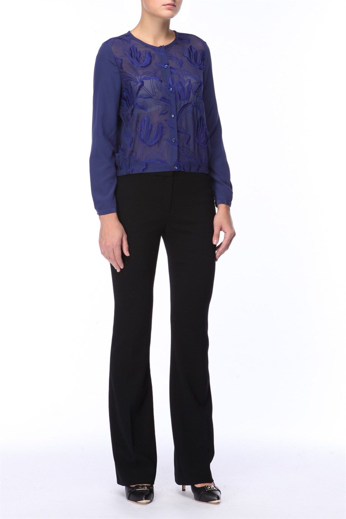 Escada-Crew Neck Patterned Blue Silk Shirt with Elastic Waist 3