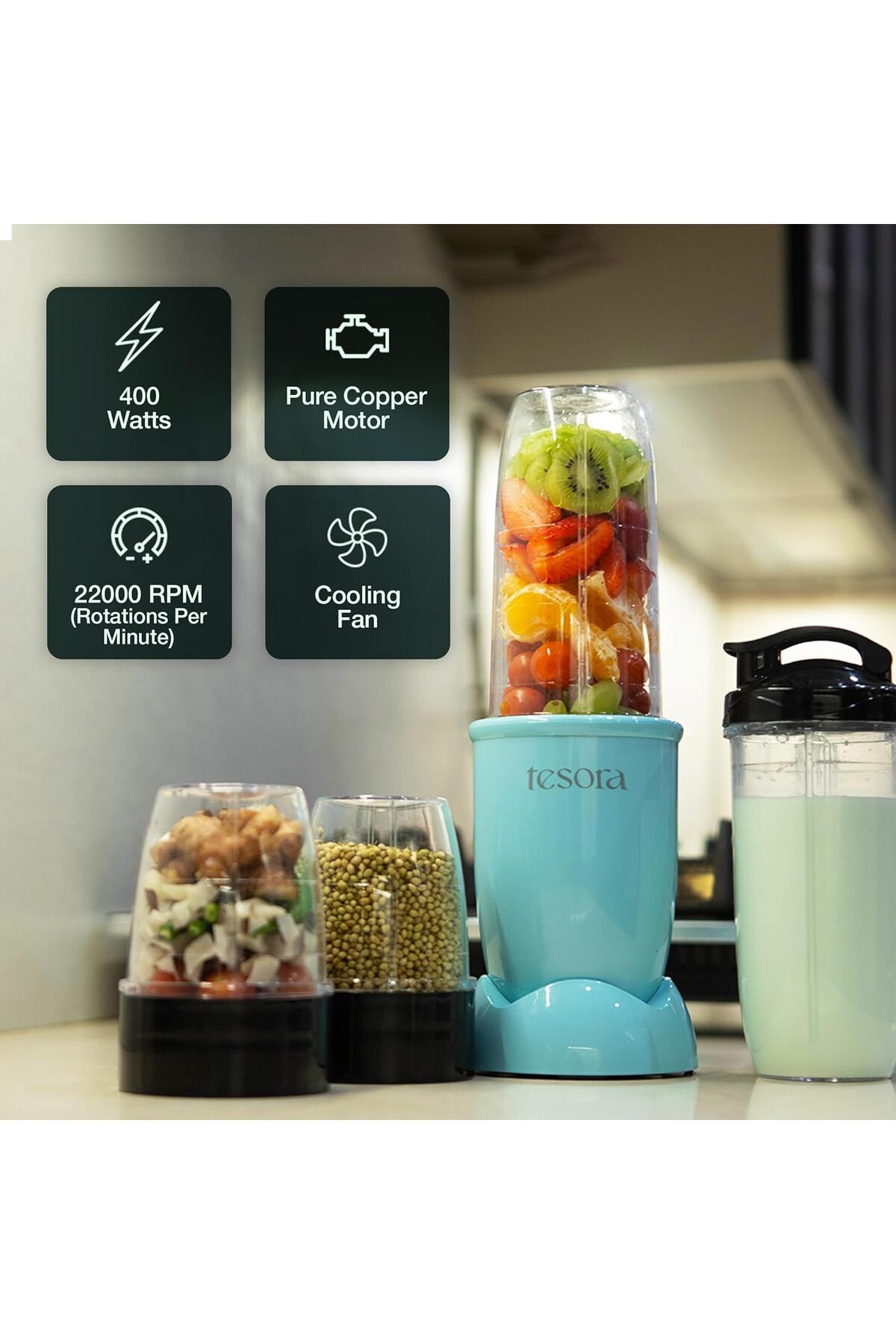 Tesora-خلاط ومطحنة وخلاط Nutri-Flash بقوة 400 واط | برطمانان | غطاء للوجبات السريعة | لمسة نهائية من الفولاذ المقاوم للصدأ باللون الأزرق | قابل للفصل 3